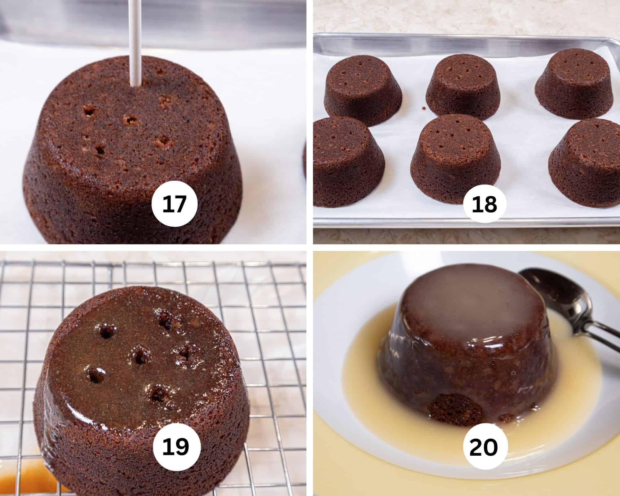 In this collage a skewer is making holes in the puddings, all six on the tray are skewered, the sauce is poured into the pudding and da finished toffee pudding is covered with the lemon sauce in a yellow and white bowl.