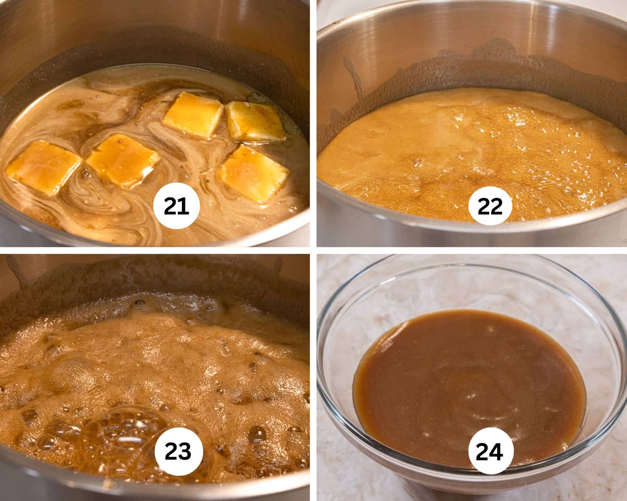 Here you see the ingredients for the toffee sauce in a medium size pan, brought to a boil, then falling down and the finished sauce.