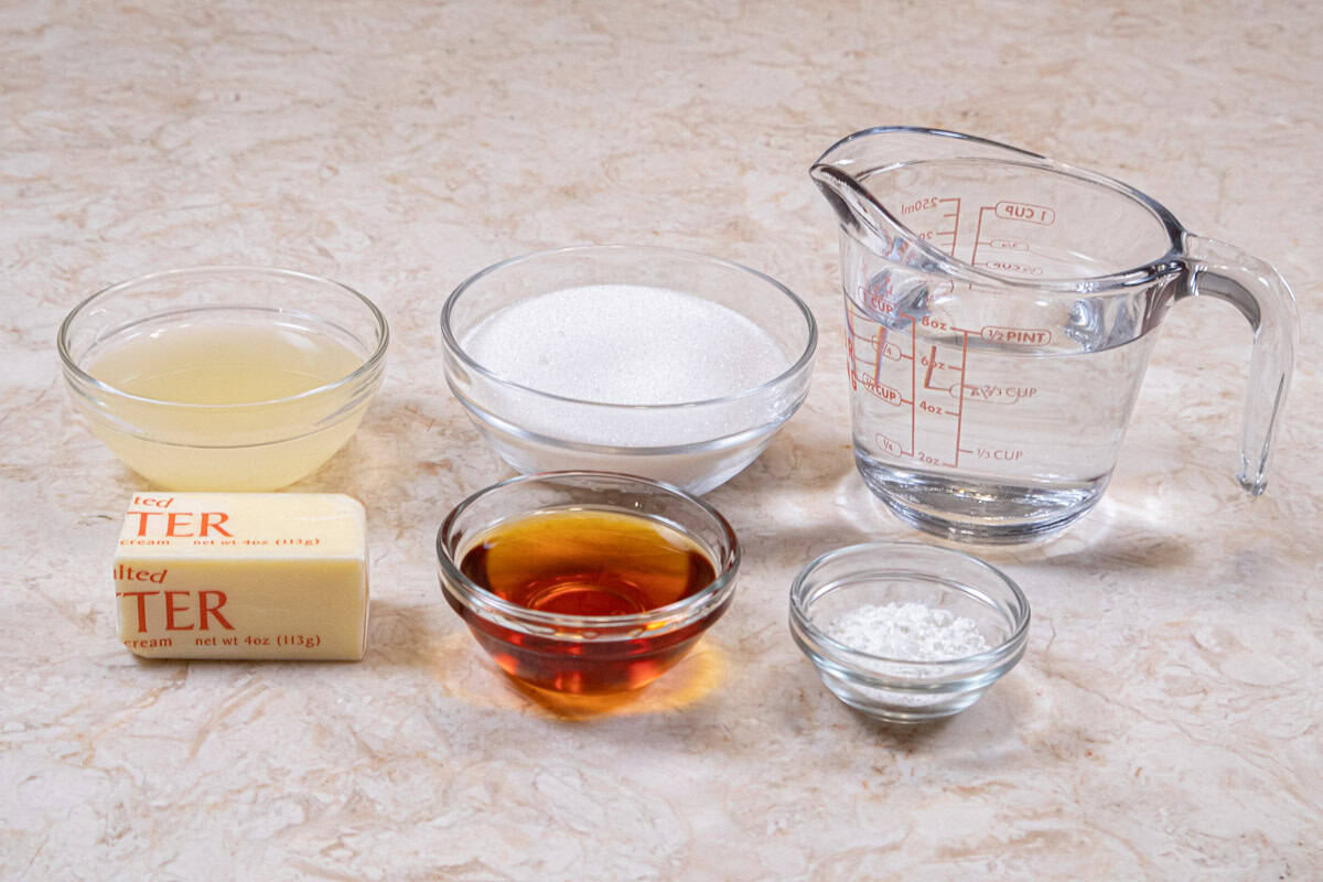 Ingredients for the Lemon Sauce include, lemon juice, sugar, water, unsalted butter, dark rum and salt.