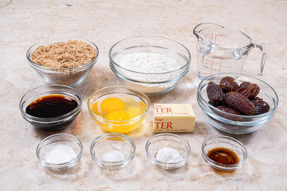 The ingredients for the Non Traditional Toffee Pudding are: Medjool dates, Kahlua liqueur, water, baking soda, all-purpose flour, baking powder, salt, unsalted butter, sugar, vanilla and eggs.