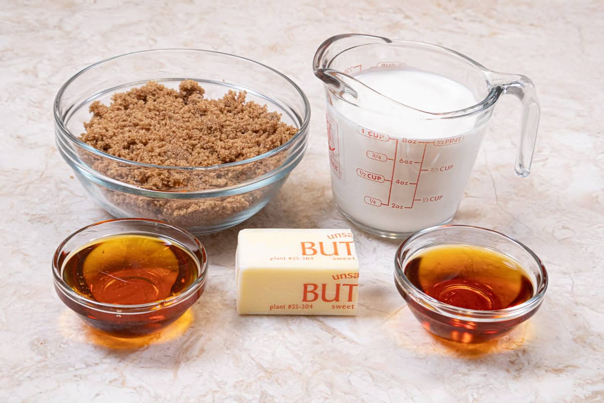 Ingredients for the Toffee sauce include: Golden syrup, unsalted butter, dark rum, brown sugar, heavy cream.