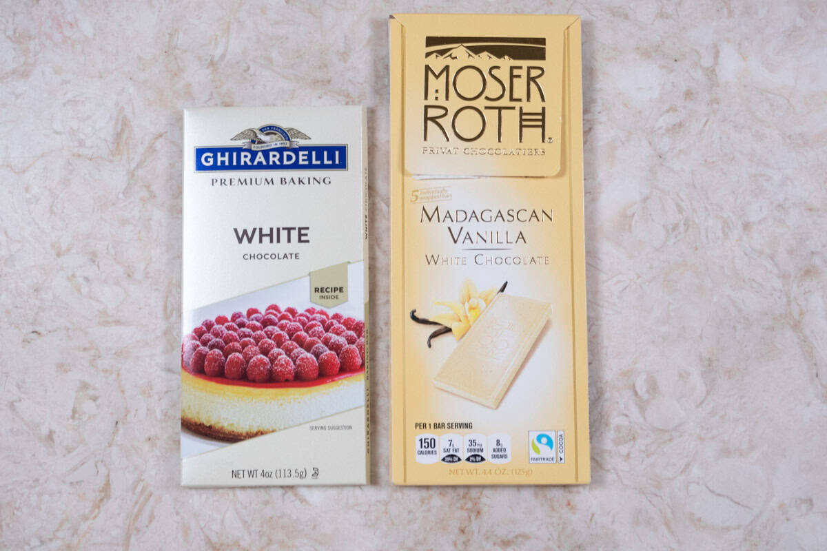 Photo of Ghirardelli and Moser Roth white chocolate. 