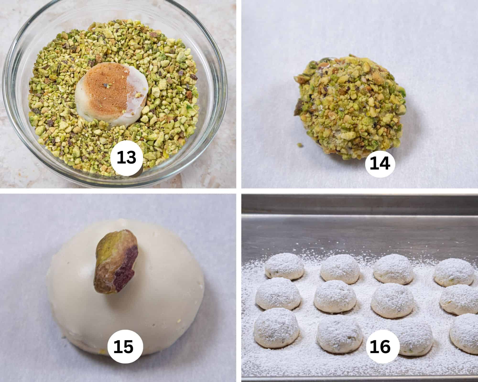 The last collages shows a chocolate dipped cookie in a bowl of finely cut pistachios, placed on parchment, another one dipped cookie with a whole nut on top and last the cookies sprinkled with powdered sugar.