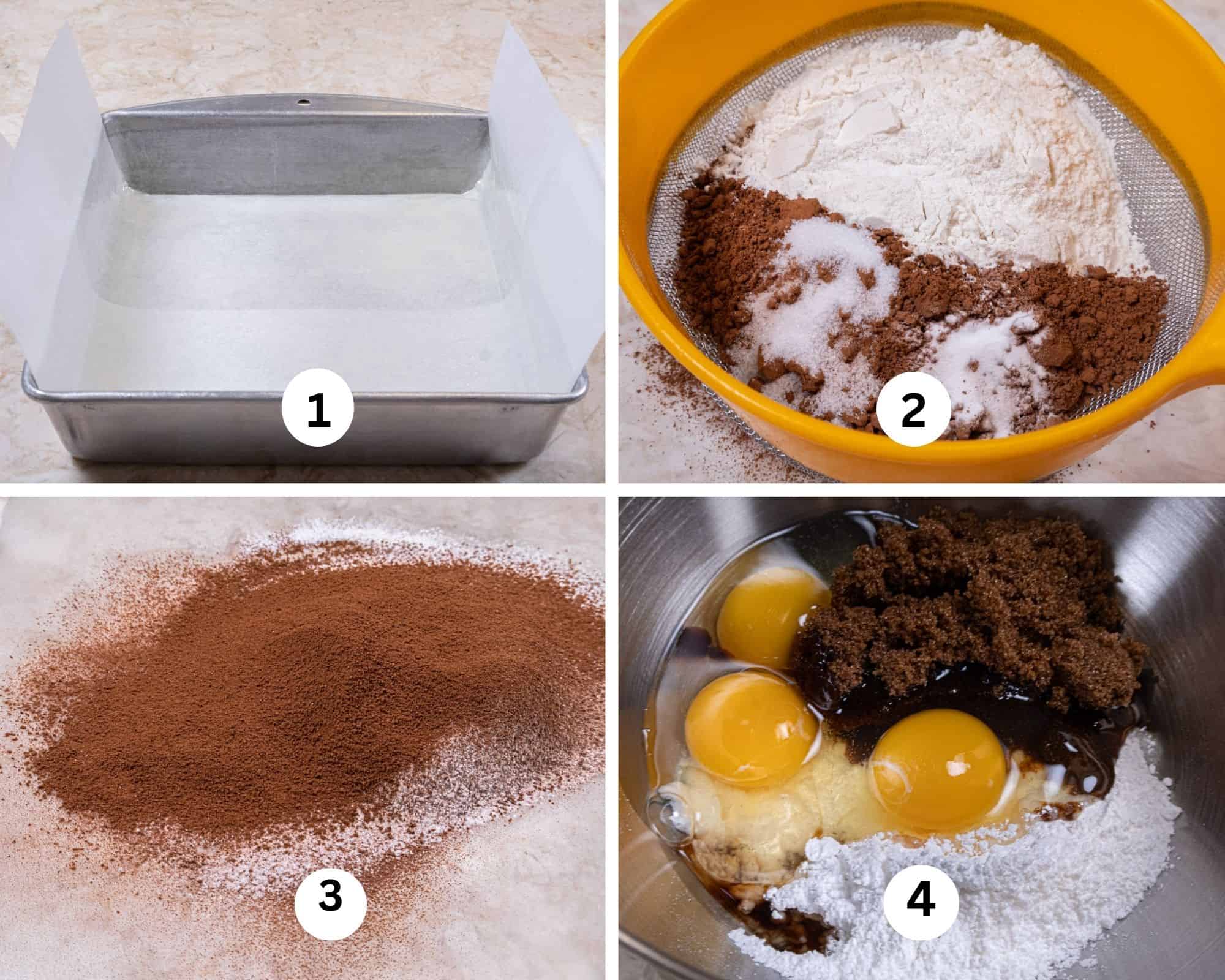 This collage shows the pan prepared with a parchment paper overhang, the dry ingredients in a strainer, sifted and eggs, sugars and vanilla in a mixing bowl.
