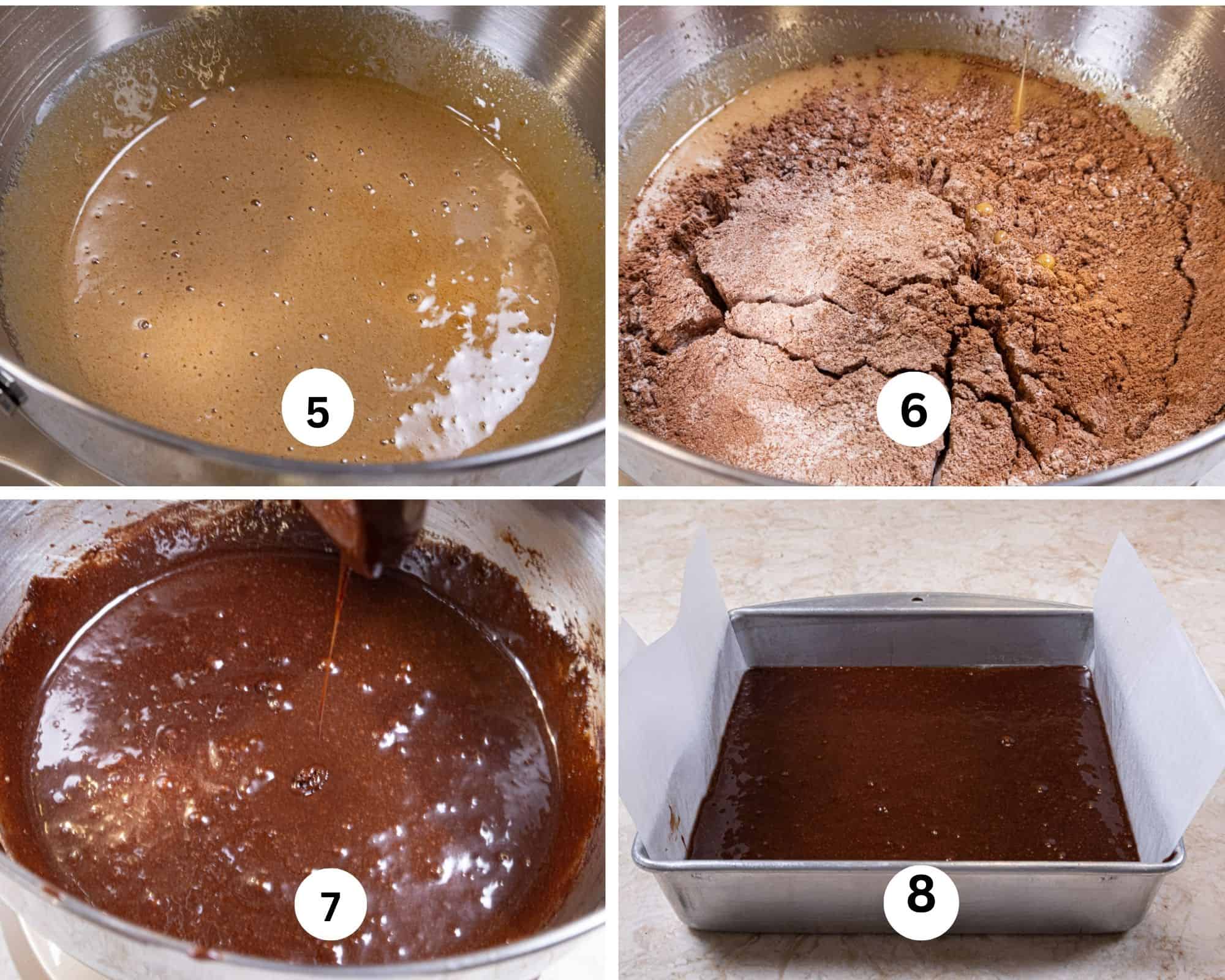 This collage shows the egg mixture mixed, the flour mixture added and mixed and the batter in the pan. 