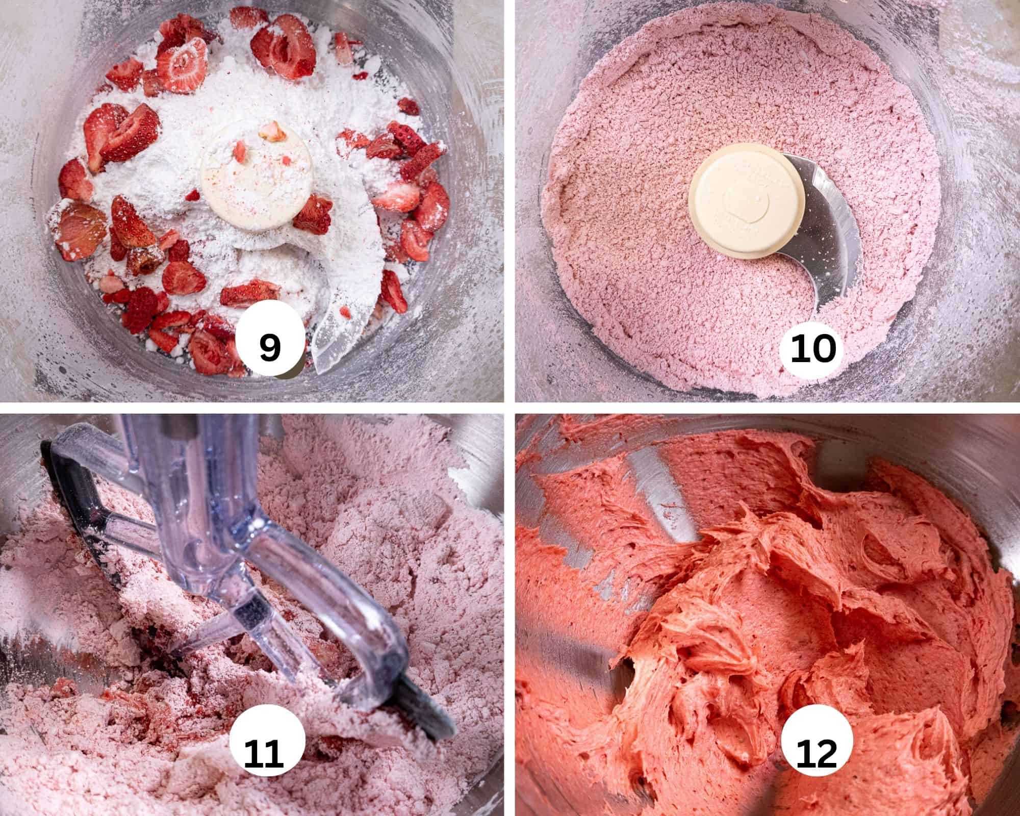 This collages shows the steps for the strawberry buttercream include the powdered sugar and freeze dried strawberries in a food processor, processed, transferred to the mixer and finished mixing. 