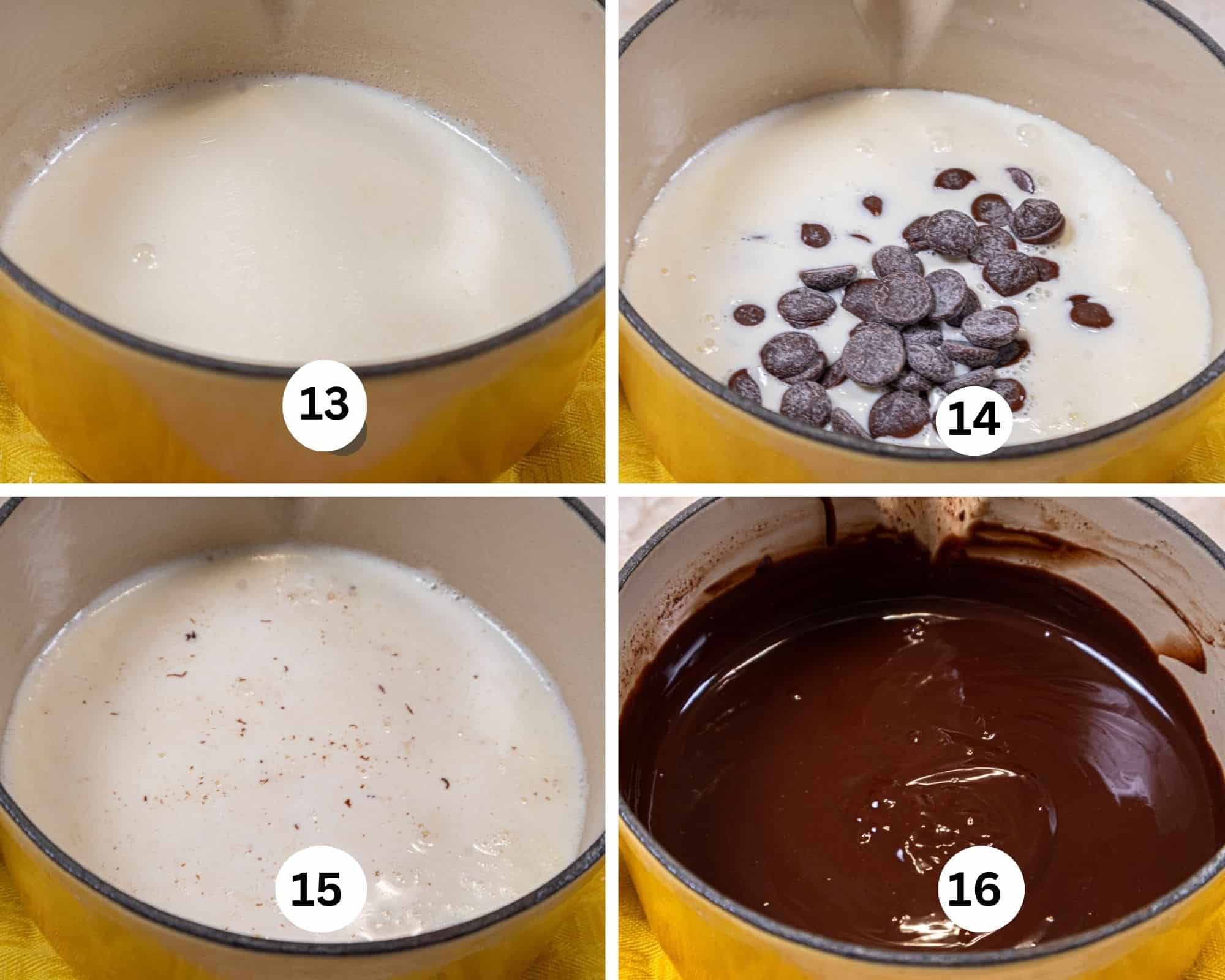 This collages hows the cream glaze being made by  heating the cream, adding the chocolate, submerging it beneath the hot cream and stirring to combine it into a smooth chocolate glaze. 