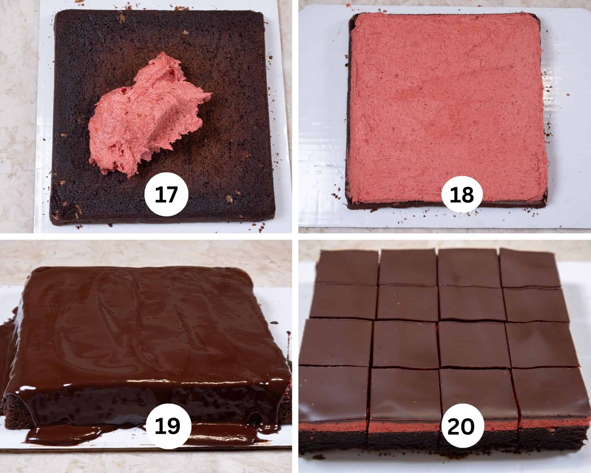 The last collage shows the strawberry butter cream on the brownie, spread out smoothly, the glaze poured over and the brownies cut. 