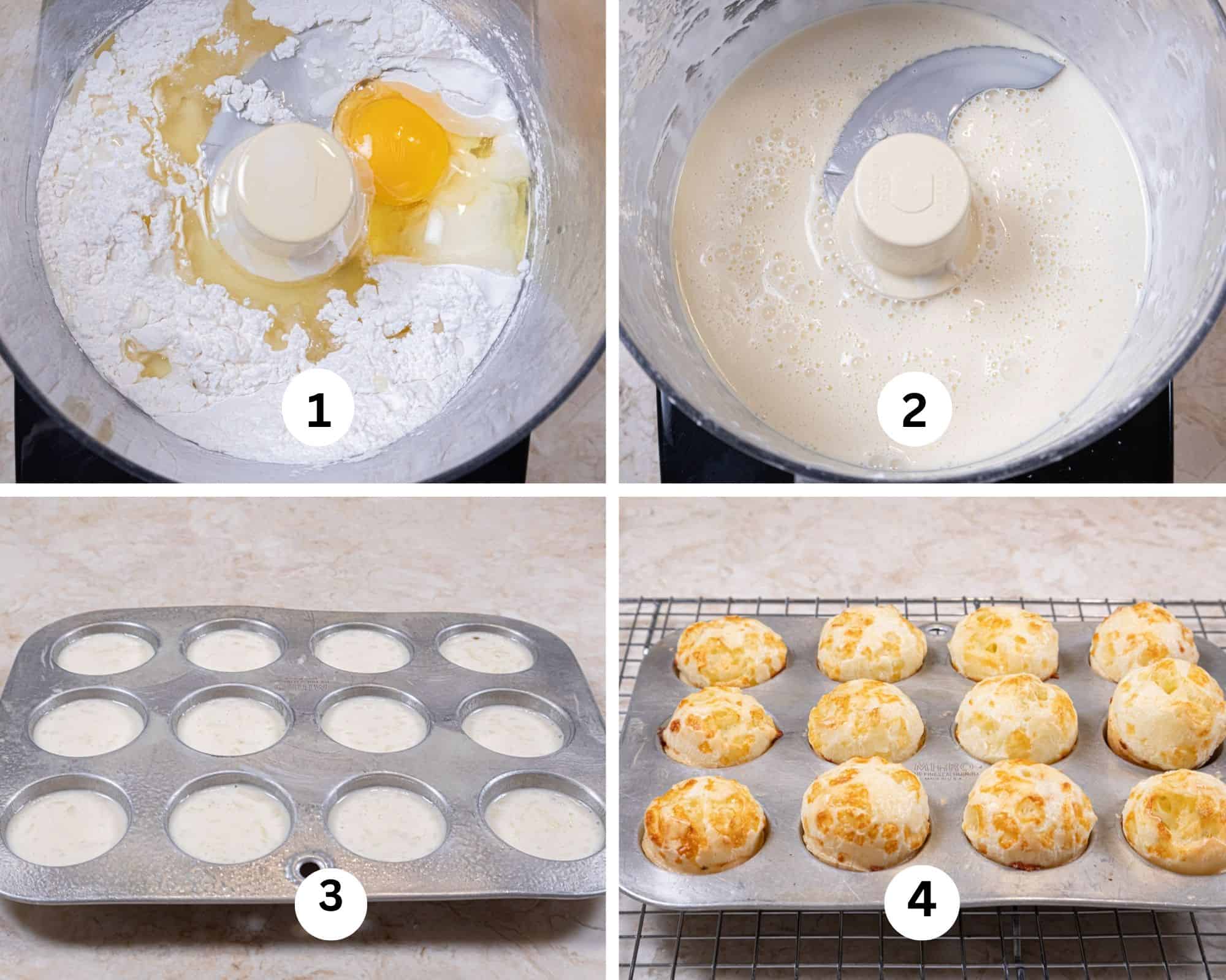 This collage shows all but the cheese ingredients in the processor, processed, portioned into the pan and baked. 