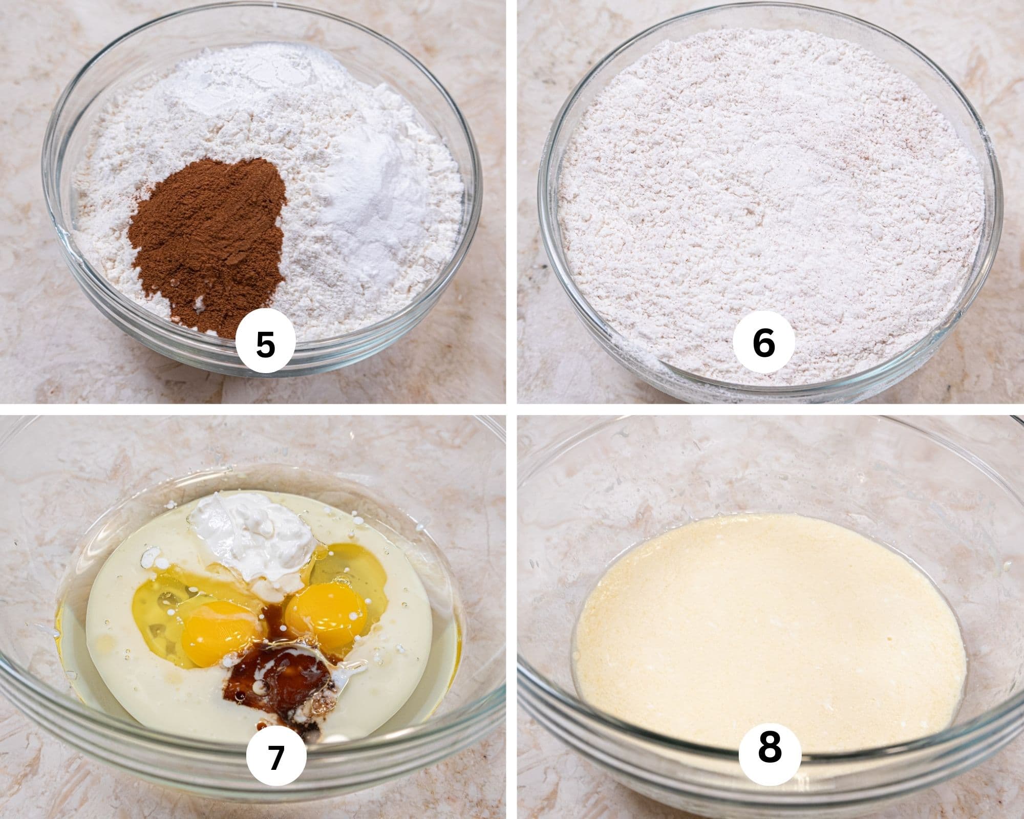 This collage shows the dry ingredients for the muffins in a bowl and, whisked together, liquid ingredients are placed in a large bowl and whisked together.