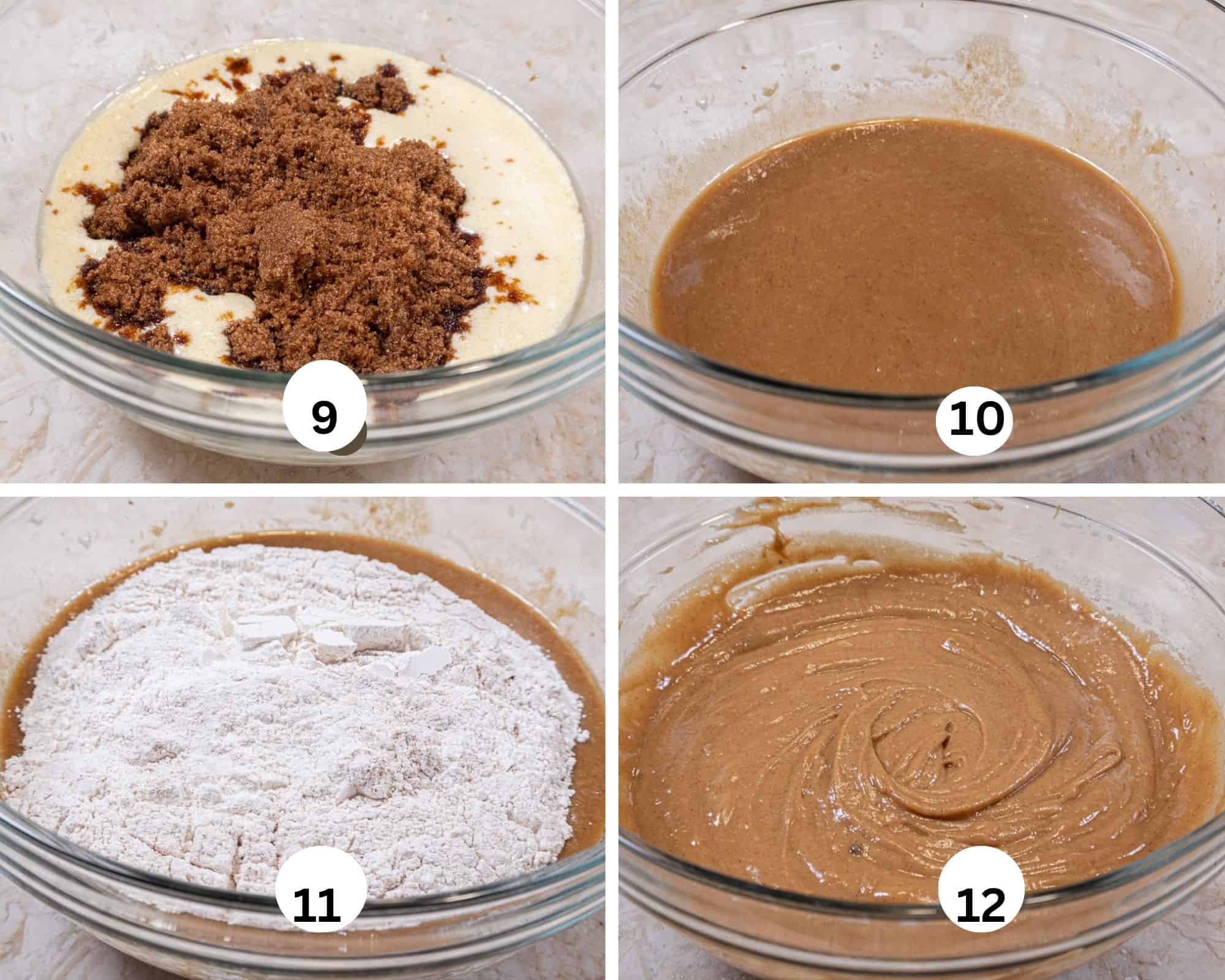 This collage shows the brown sugar being added to the liquid ingredients, whisked in, the flour being add and whisked in to make a thick batter.