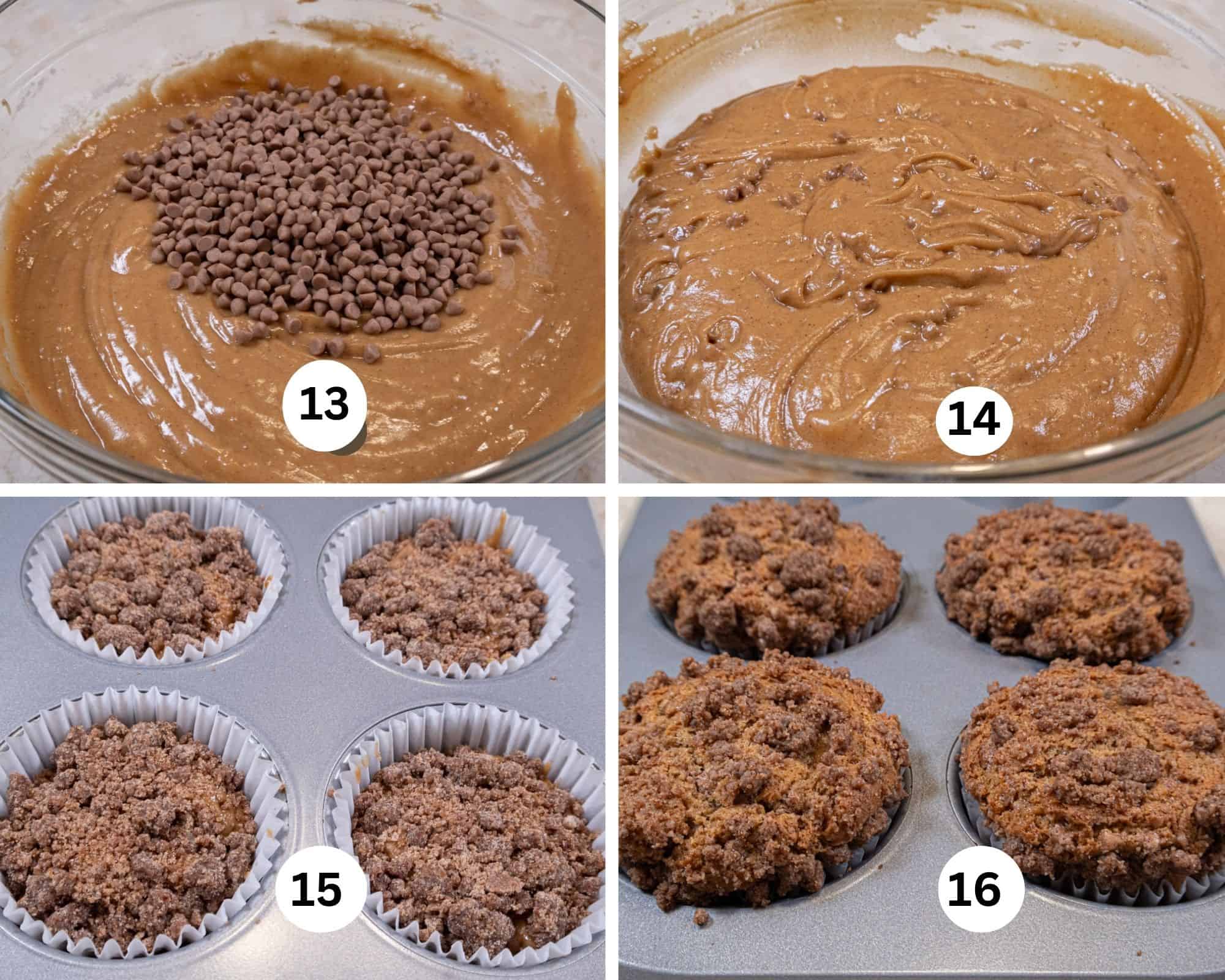 The last collages shows the cinnamon chips being added to the batter, then stirred in, the muffins in paper lined muffin wells and finally baked.