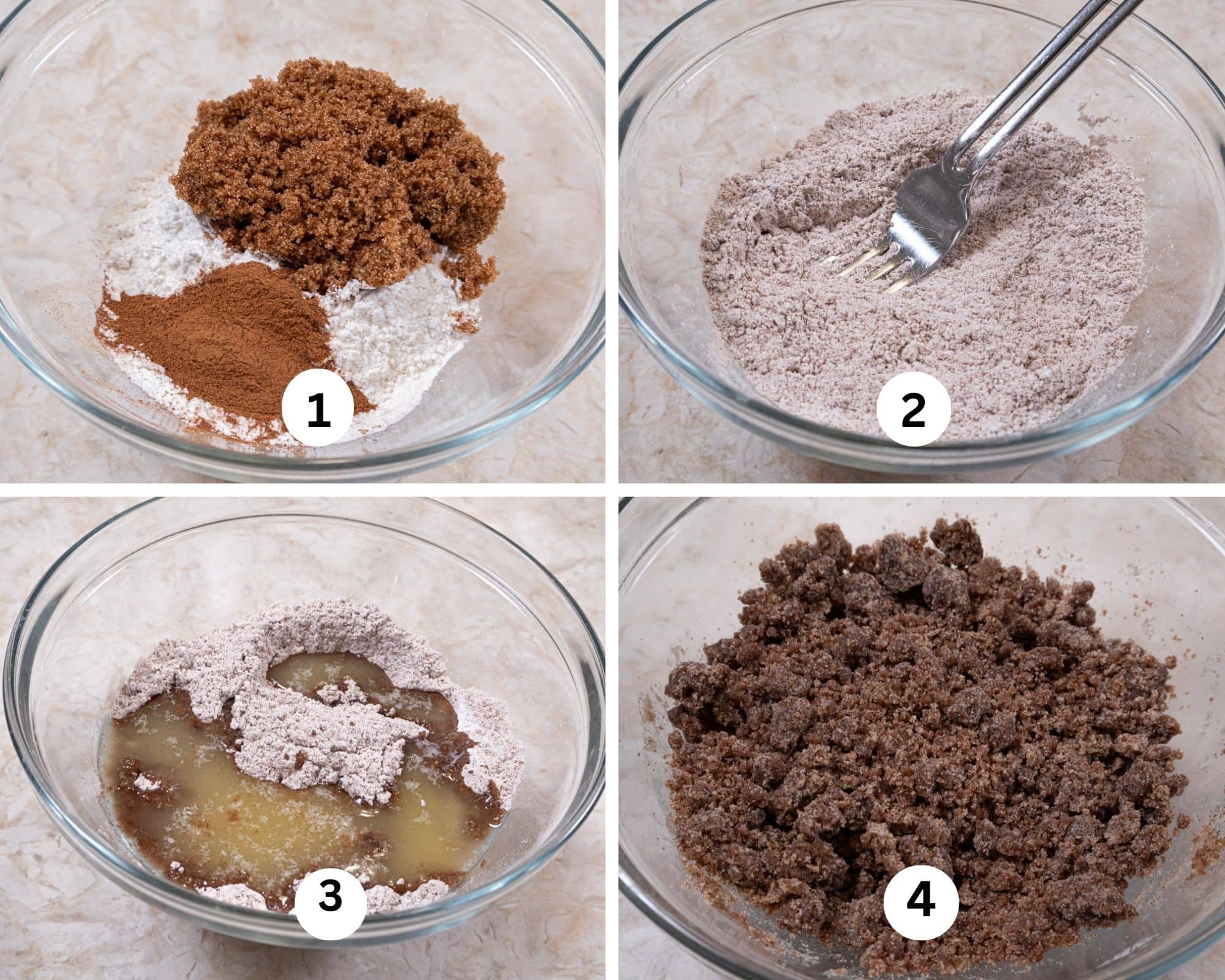 This collage shows the dry ingredients for the streusel in a bowl, mixed with a fork, the butter added and the finished cinnamon streusel.