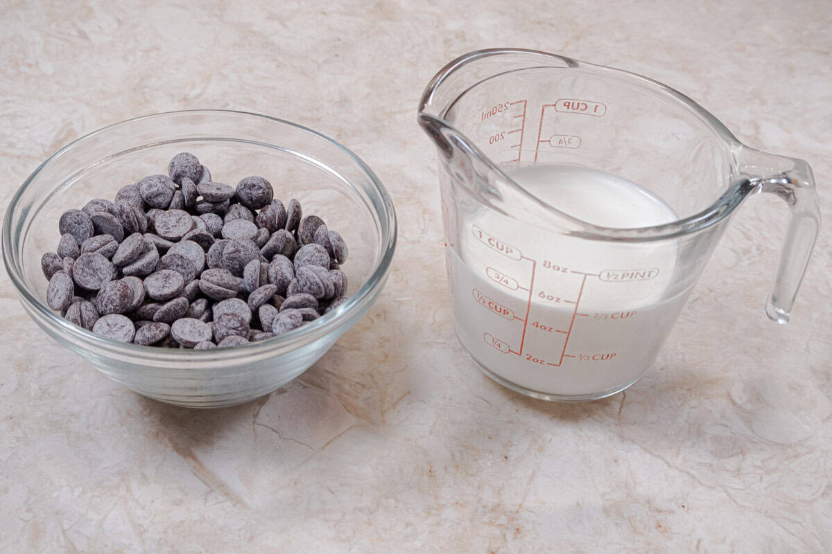 The cream glaze is made with semisweet chocolate and heavy cream. 