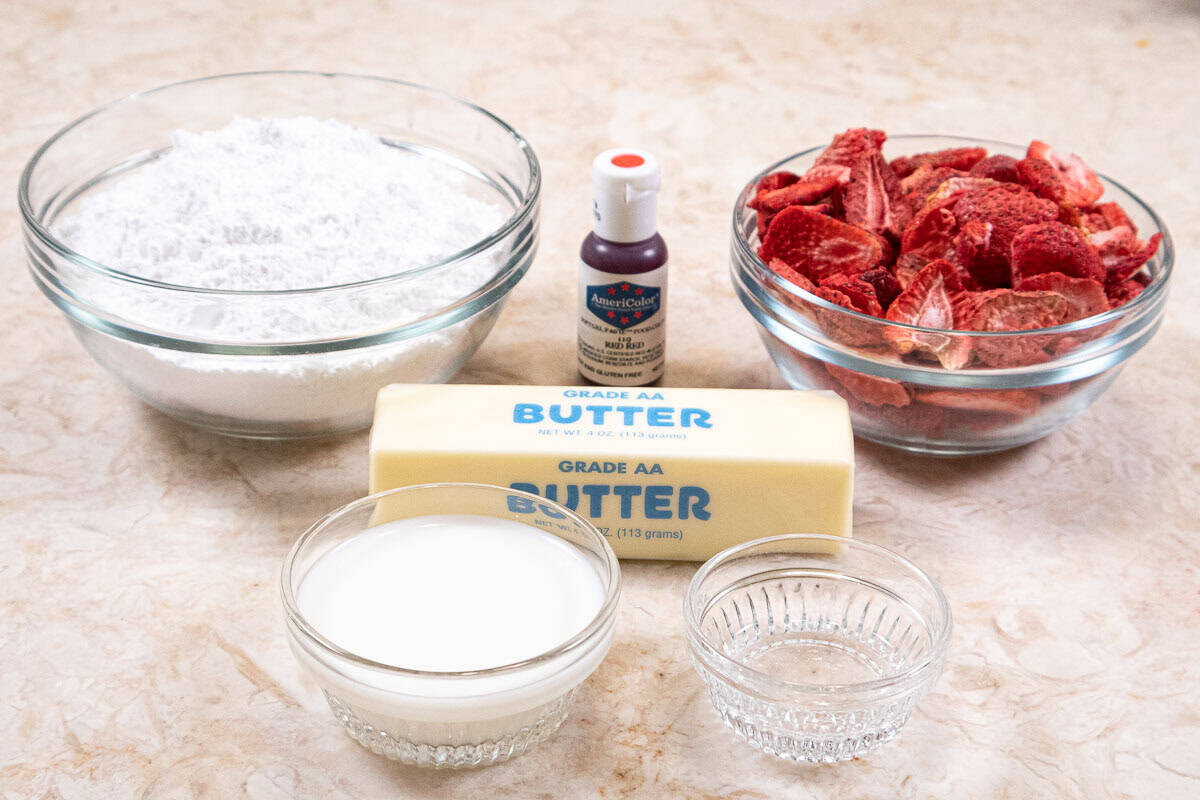 Ingredients for the Strawberry buttercream include powdered sugar, freeze dried strawberries, unsalted butter, milk,and almond extract. 