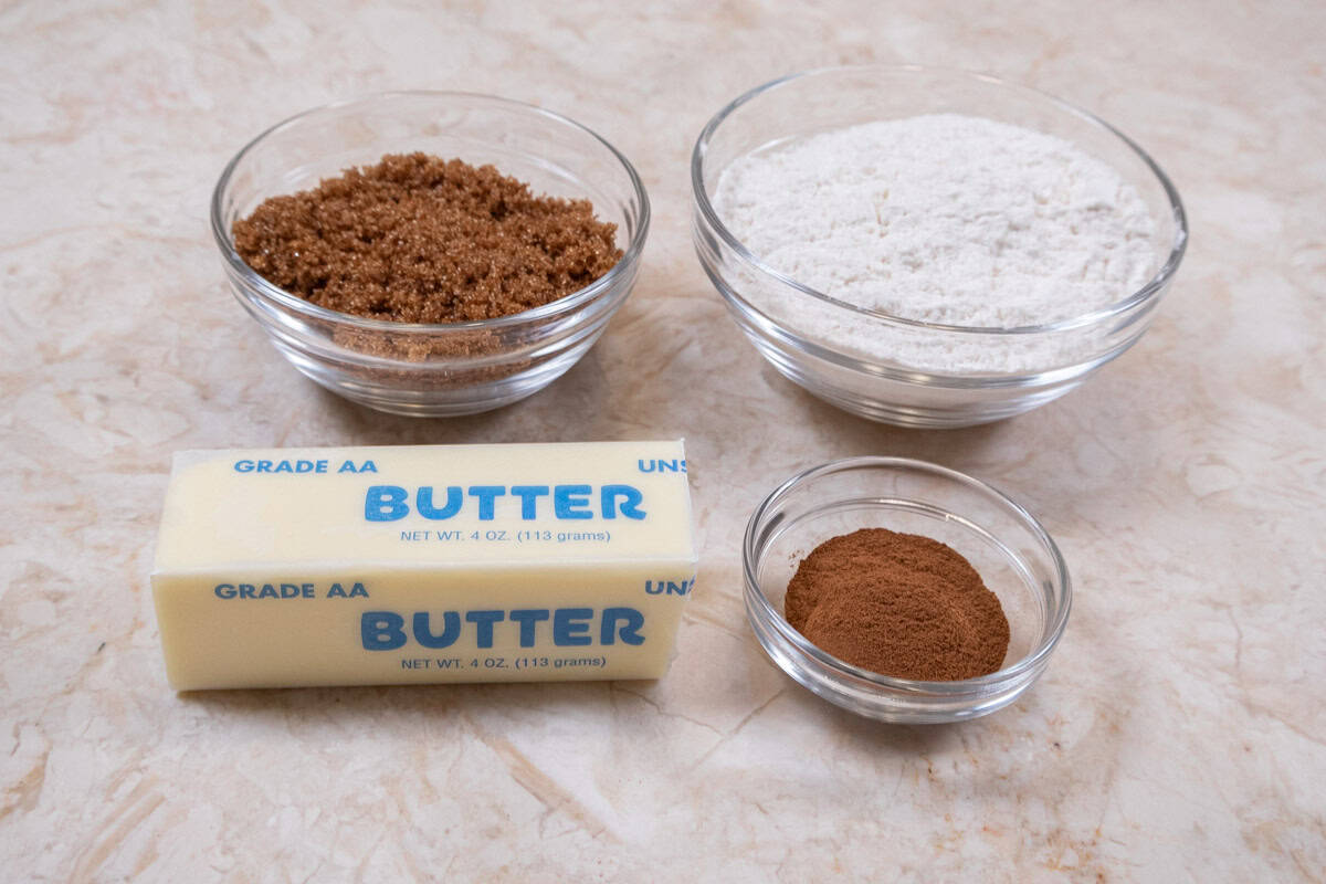 The cinnamon streusel ingredients are unsalted butter, cinnamon, brown sugar and all-purpose flour.