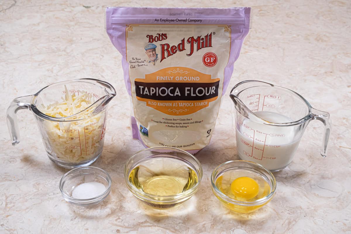 Ingredients for the Brazilian Cheese Bread are pepper jack cheese, milk, tapioca flour, salt, oil and egg, 