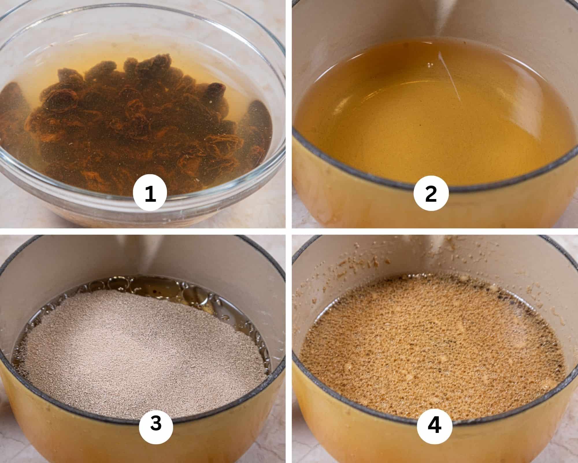 This collage shows the raisins soaking in hot water, the beer heating, the yeast added to the cooling beer and the molasses and oil added.  