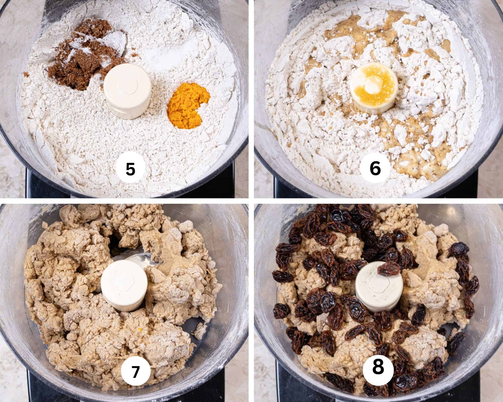 In this collages the brown sugar, orange zest and  salt are added to the bread and rye flours in the food processor., the liquid is poured i, mixed and the raisins have been added. 