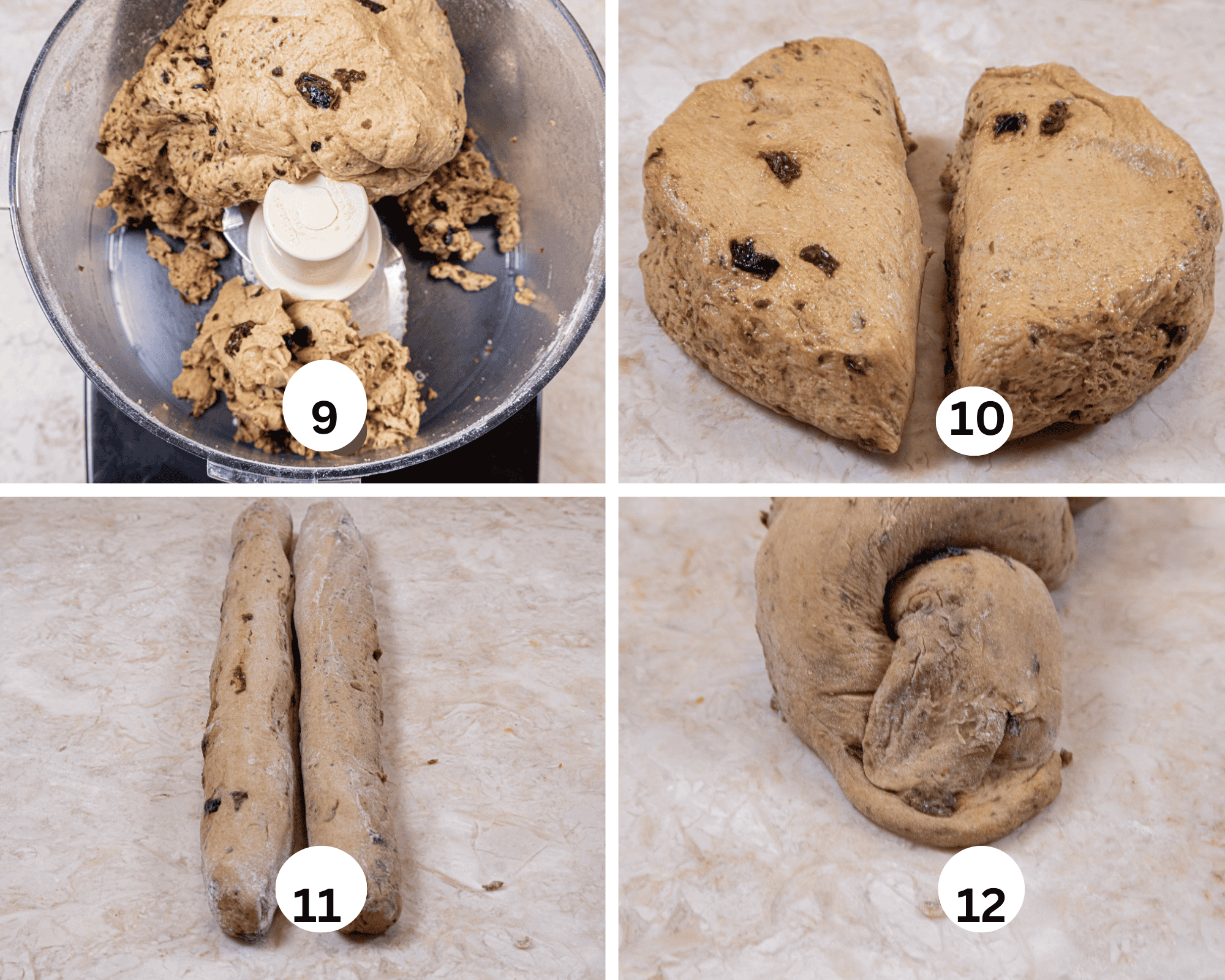 This collage shows the bread finished in the processor, cut in  half, two ropes of dough formed and the end sealed. 