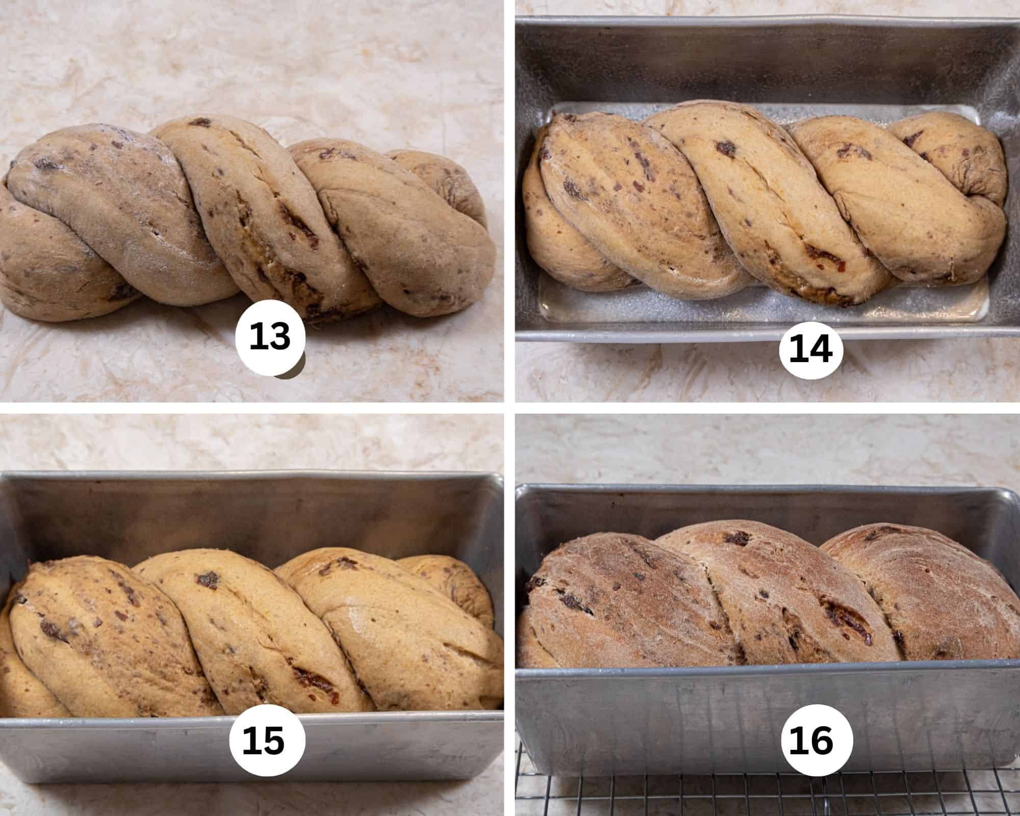 The dough is twisted together , laced in a loaf pan, risen ad baked. 