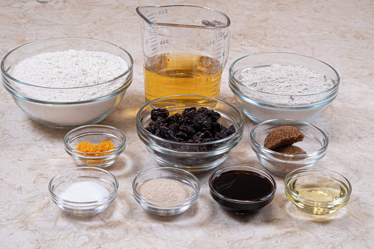 ingredients for the Rye Raisin Bread are beer, yeast,  molasses,  vegetable oil, orange zest, bread flour, rye flour, brown sugar, salt, raisins.