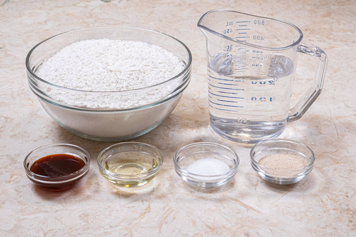 Ingredients for the pretzel bites are all-purpose flour, water, barley malt syrup or brown sugar, oil, salt, and yeast. 