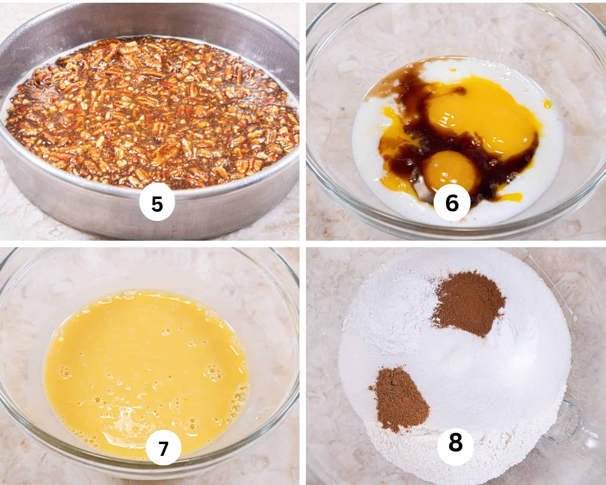 This collages shows the pecan topping in the cake pan, the yolks, buttermilk and vanilla in a bowl, then mixed and the dry ingredients in a mixing bowl.  