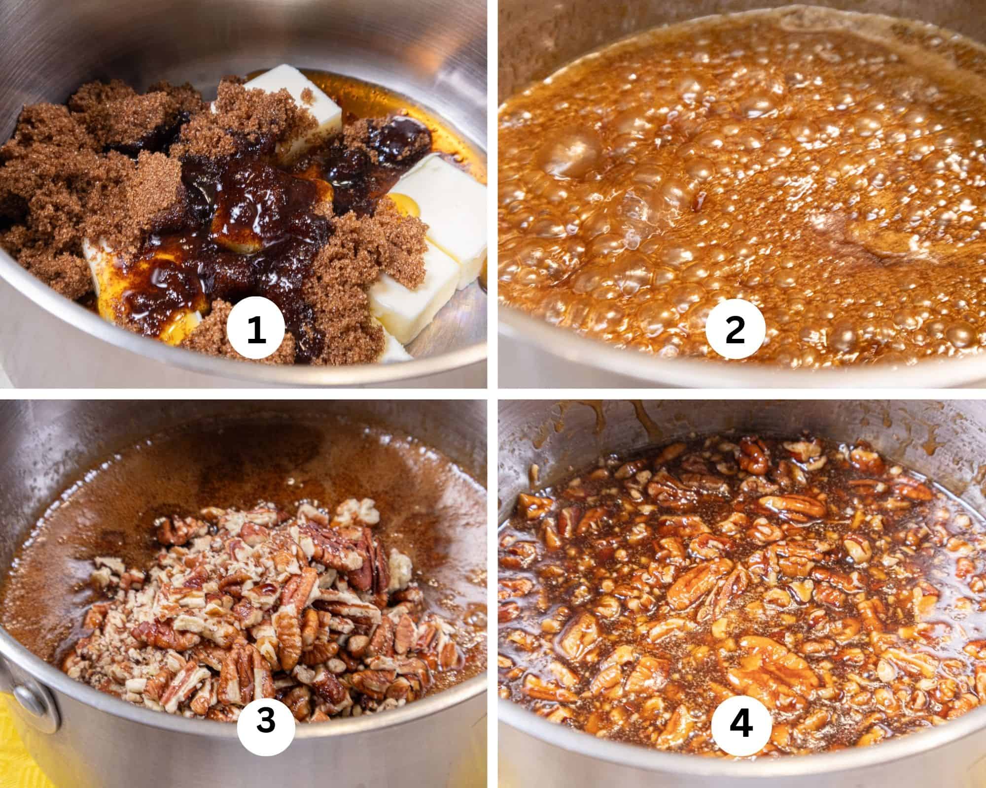 This collage for the pecan topping shows the ingredients in a saucepan, brought to a boil, the chppped pecans added and then stirred in, 