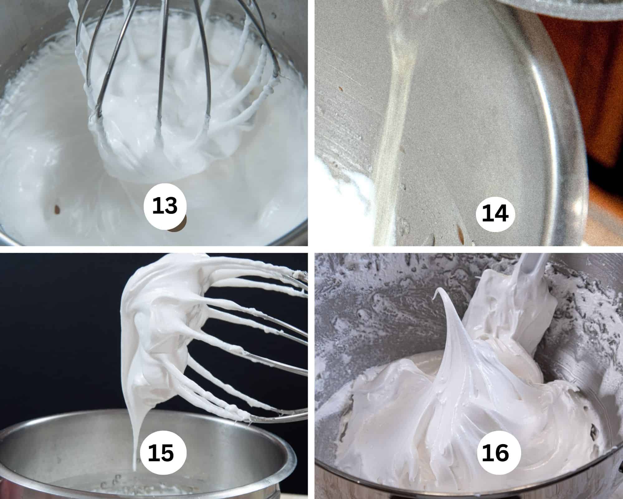 This collages sows the egg whites ready to have the syrup added, the hot syrup being poured between the beater and the bowl, the marshmallow almost done and completely mixed.