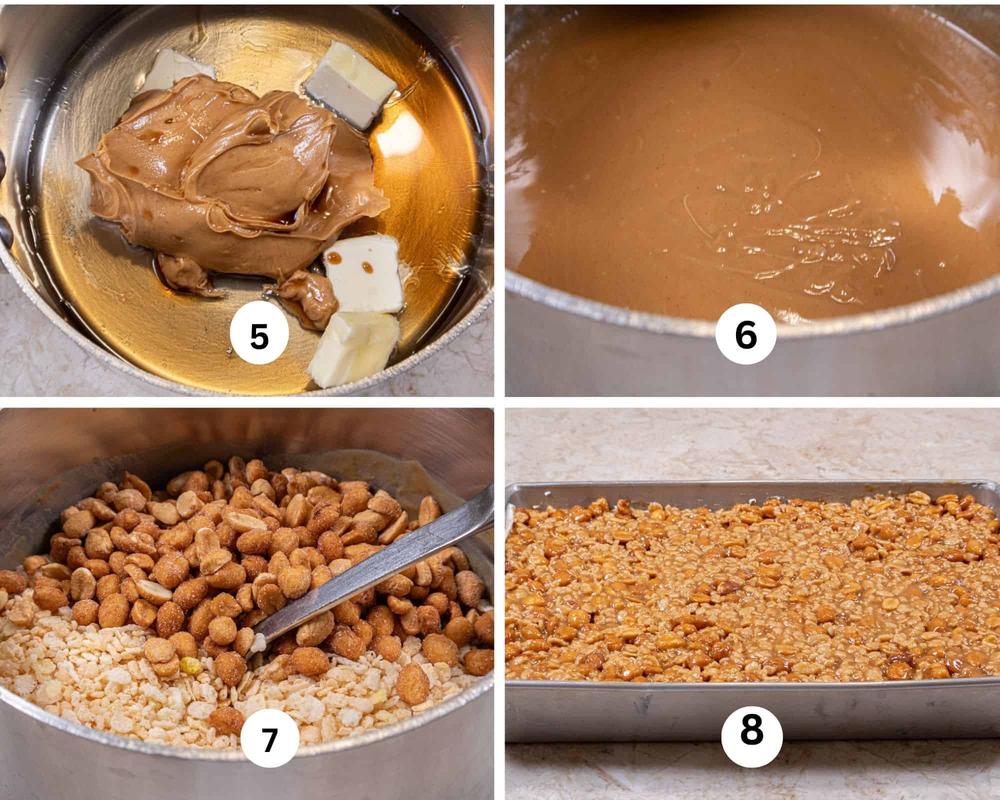 This collages shows the corn syrup, butter, vanilla, and peanut butter in a large saucepan. 