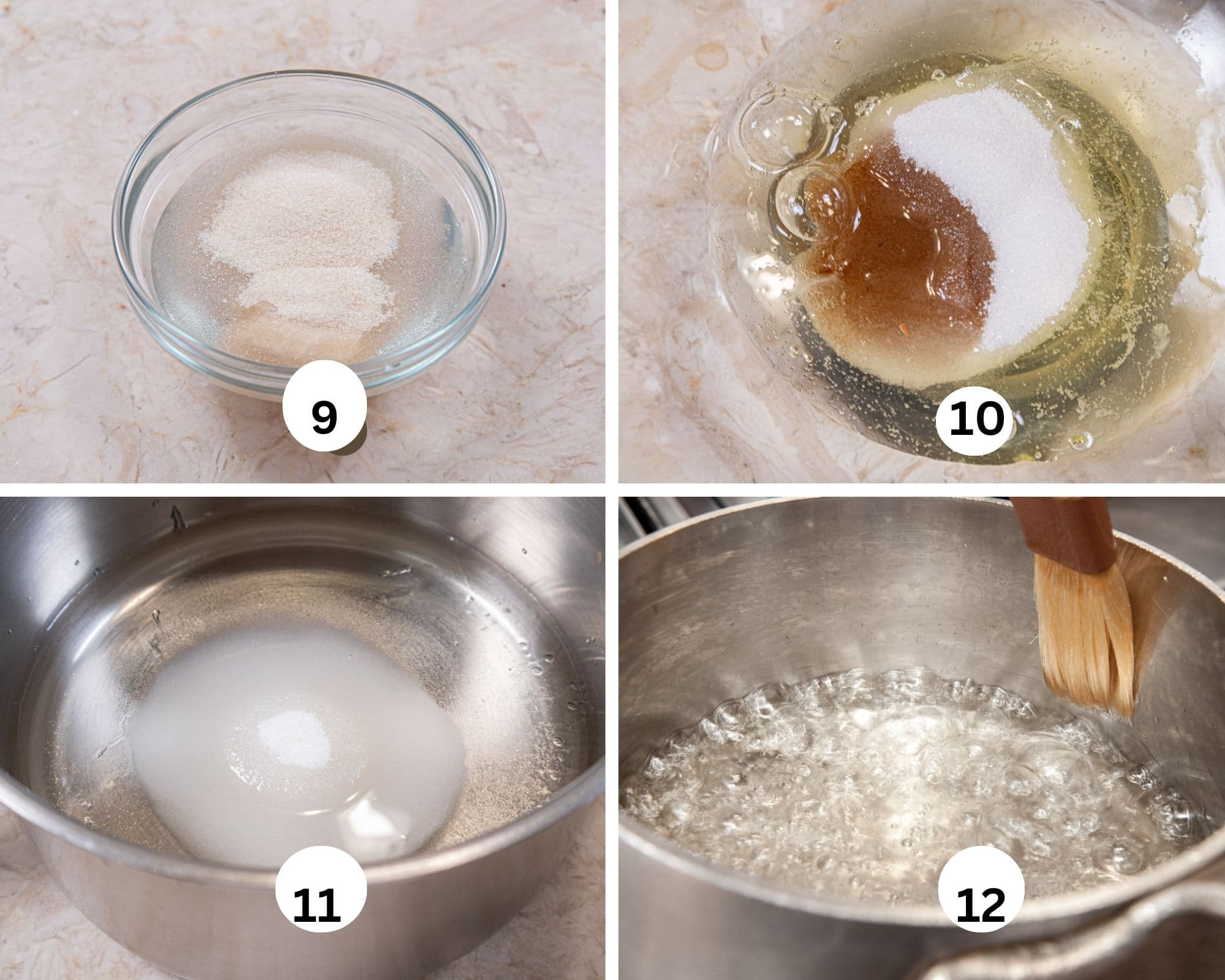 Tis collages shows the gelatin in the water blooming, the egg whites, vanilla and sugar in the mixing bowl, the sugar, corn syrup and water in a saucepan then boiling and the sides being washed down with water to remove any sugar crystals. 