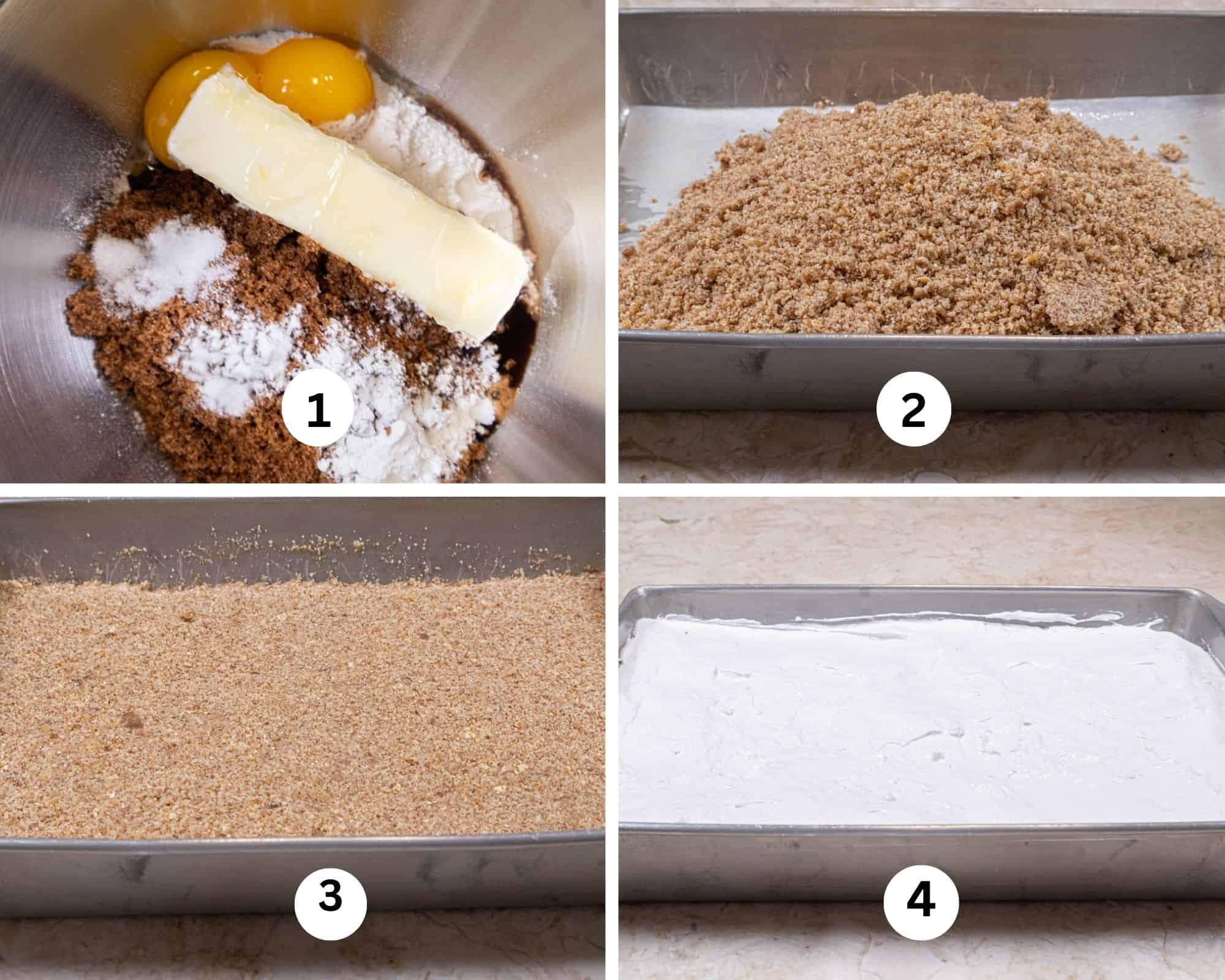 This collages shows the ingredients for the base  (butter, brown sugar, baking powder and soda, salt, butter vanilla and egg yolks) in the bowl of a mixer, the crumbs mixed and in the pan, patted down then covered with marshmallow. 