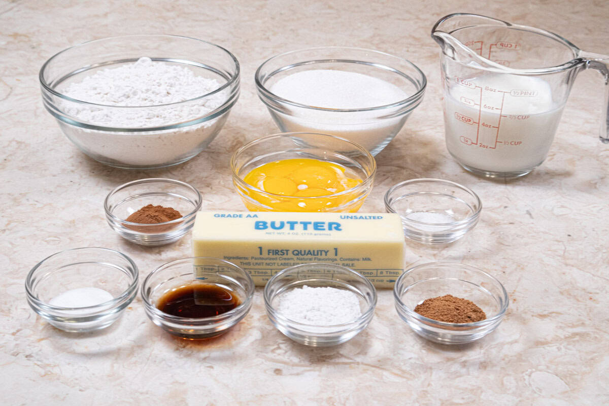 The ingredients for the yellow buttermilk cake are ett ylks, buttermilk, vanilla cake flor, granulated sugar, baking powder, baking soda, salt, and unsalted butter. 