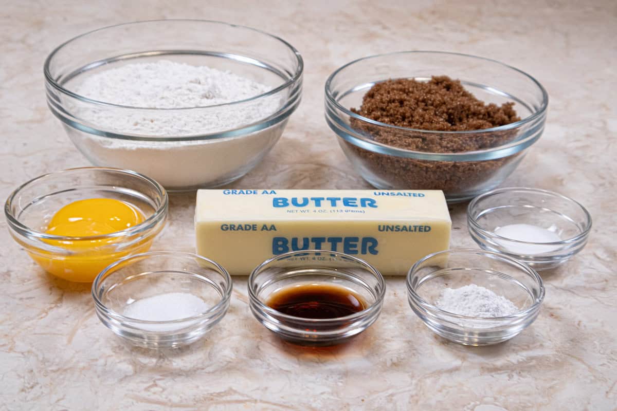 Ingredients for the Salted Peanut chews are all-purpose flour, brown sugar, baking powder, salt, baking soda, butter, vanilla, and egg yolks, 