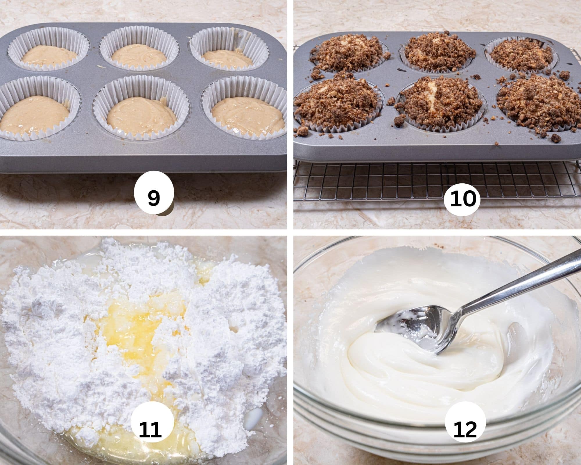 The last collage shows the unbaked batter in the paper cups, baked, the powdered sugar, butter and milk in a blow and mixed for the vanilla drizzle. 