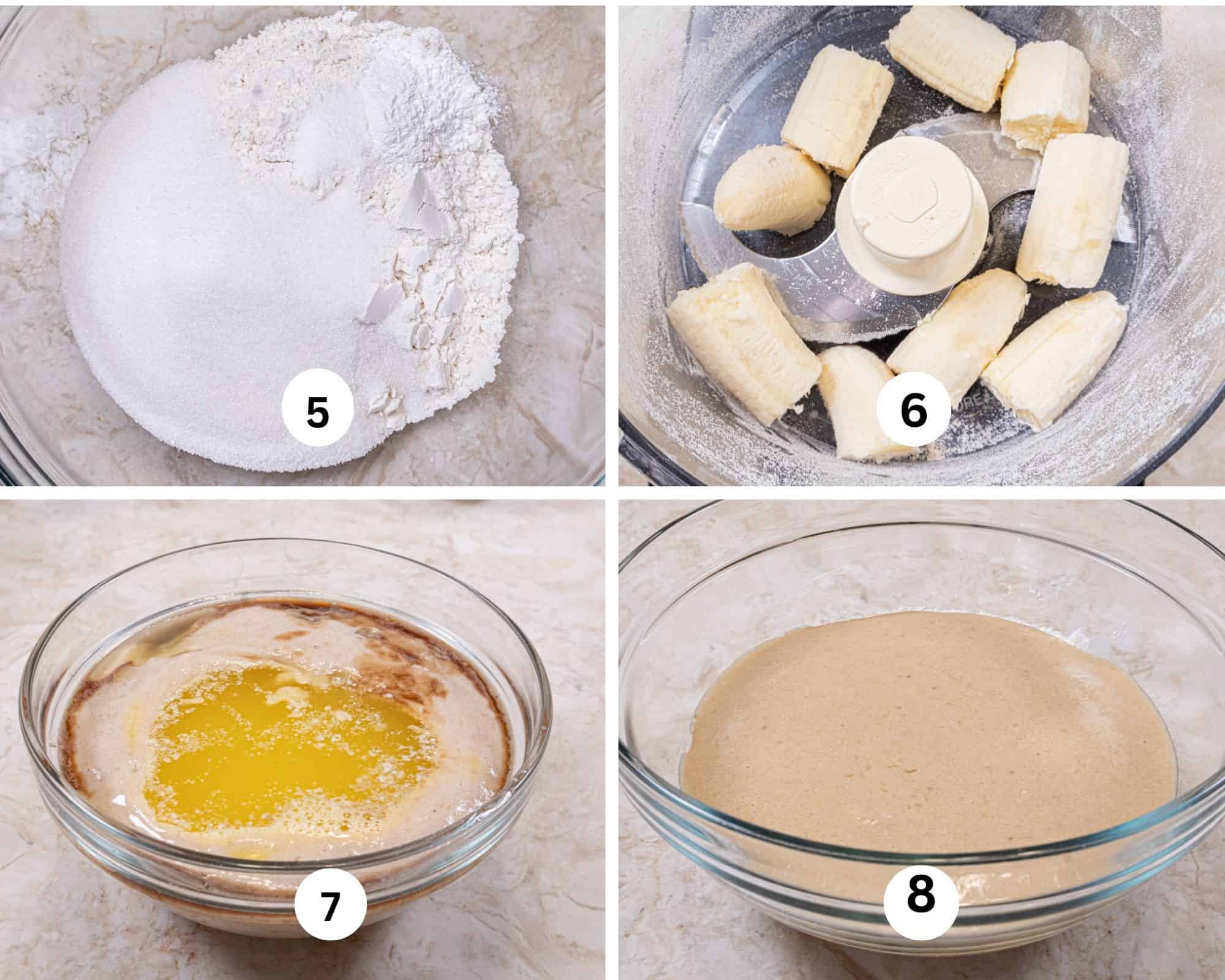 The seocnd collages shows the flour, salt and baking powder in a bowl to be mixed, the bananas in a processor, the egg, melted butter and vanilla in a bowl and the liquid mixed wth the pureed banana. 