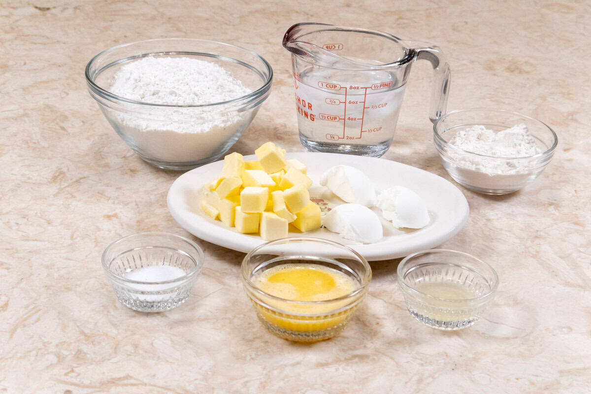 Pie Crust ingredients include, cake flour, all purpose four, unsalted butter, shortening, salt, egg and water.