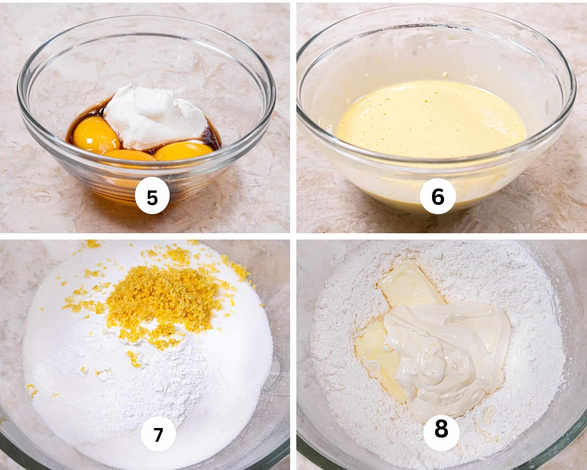 This collages shows the  liquid ingredinets in a bowl, whisked together, the dry ingredients in a bowl and the butter and sour cream added.