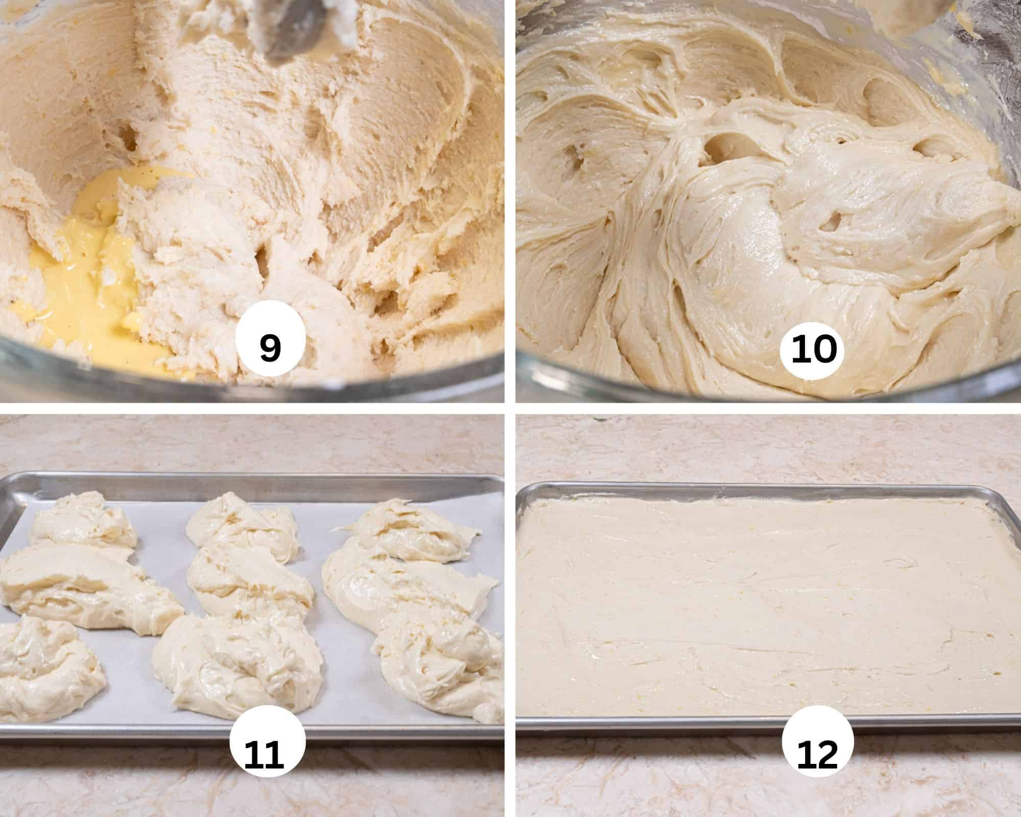 This collages shows the cake mixed and the first addition of the liquid, the finished batter, it dolloped on a baking sheet and spread out evenly.
