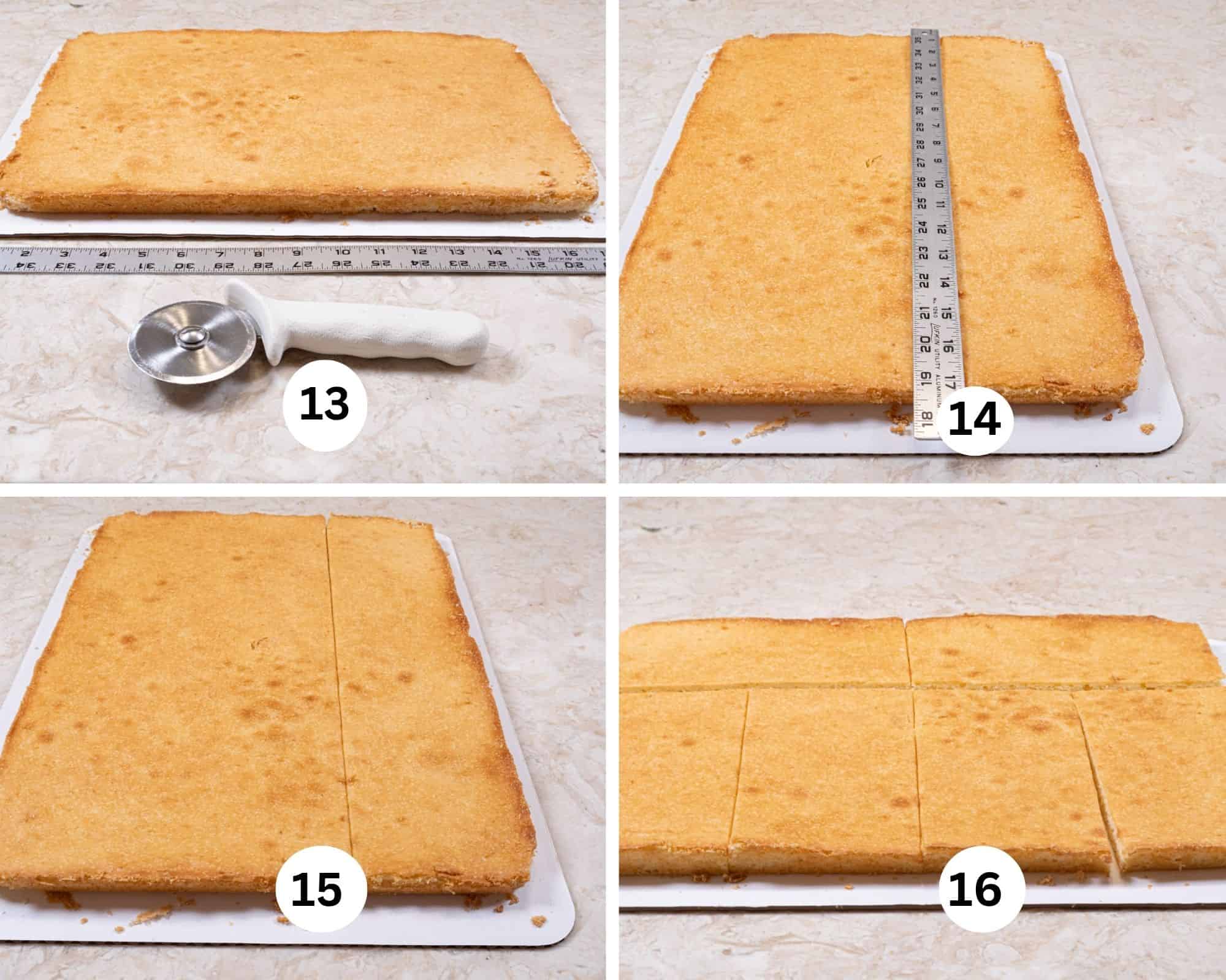 This collage shows the ruler and pizza cutter  to cut the cake in the background, the ruler on the cake, the cake cut vertically and then horizontally ito 4 pieces. 