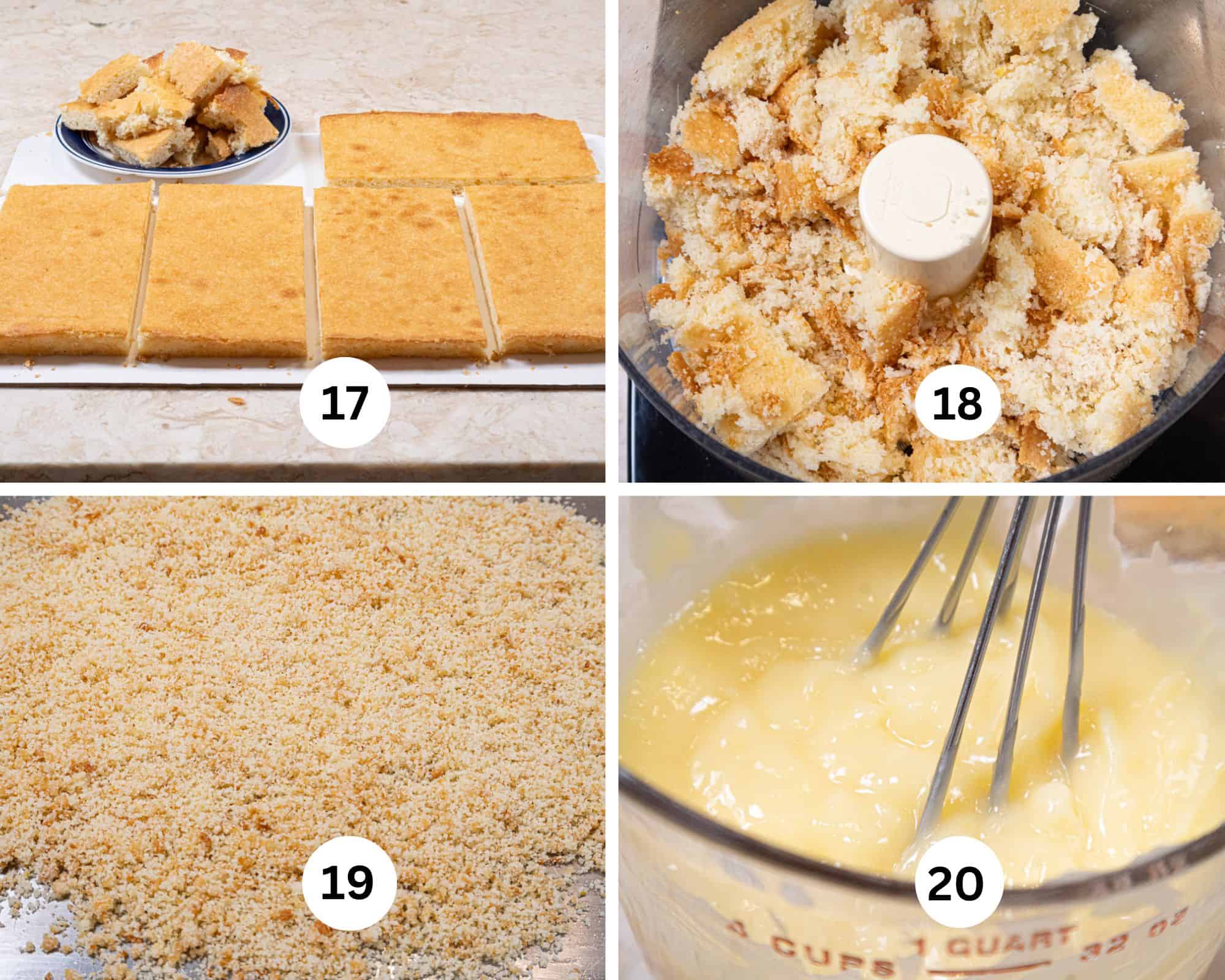 This collage for the Lemon Layer Cake shows one of the layers torn to pieces in a bowl with the remaining 5 layers intact, the torn layer in a food processor and processed to crumbs and the lemon filling being whisked smooth. 