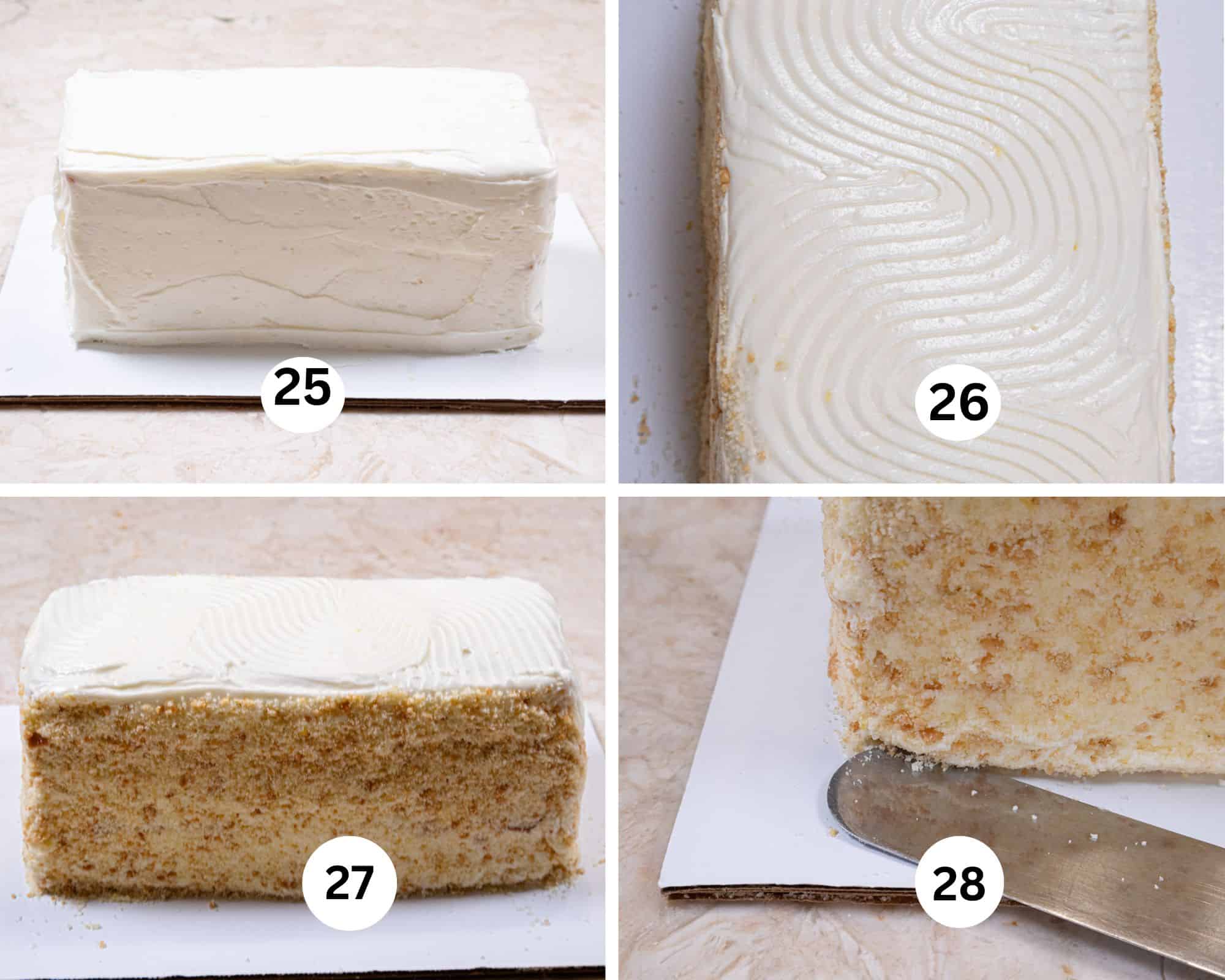 The last collage shows the cake frosted, the top finished with a decorating triangle, crumbs on th e side of the cake and channeling the bottom. 