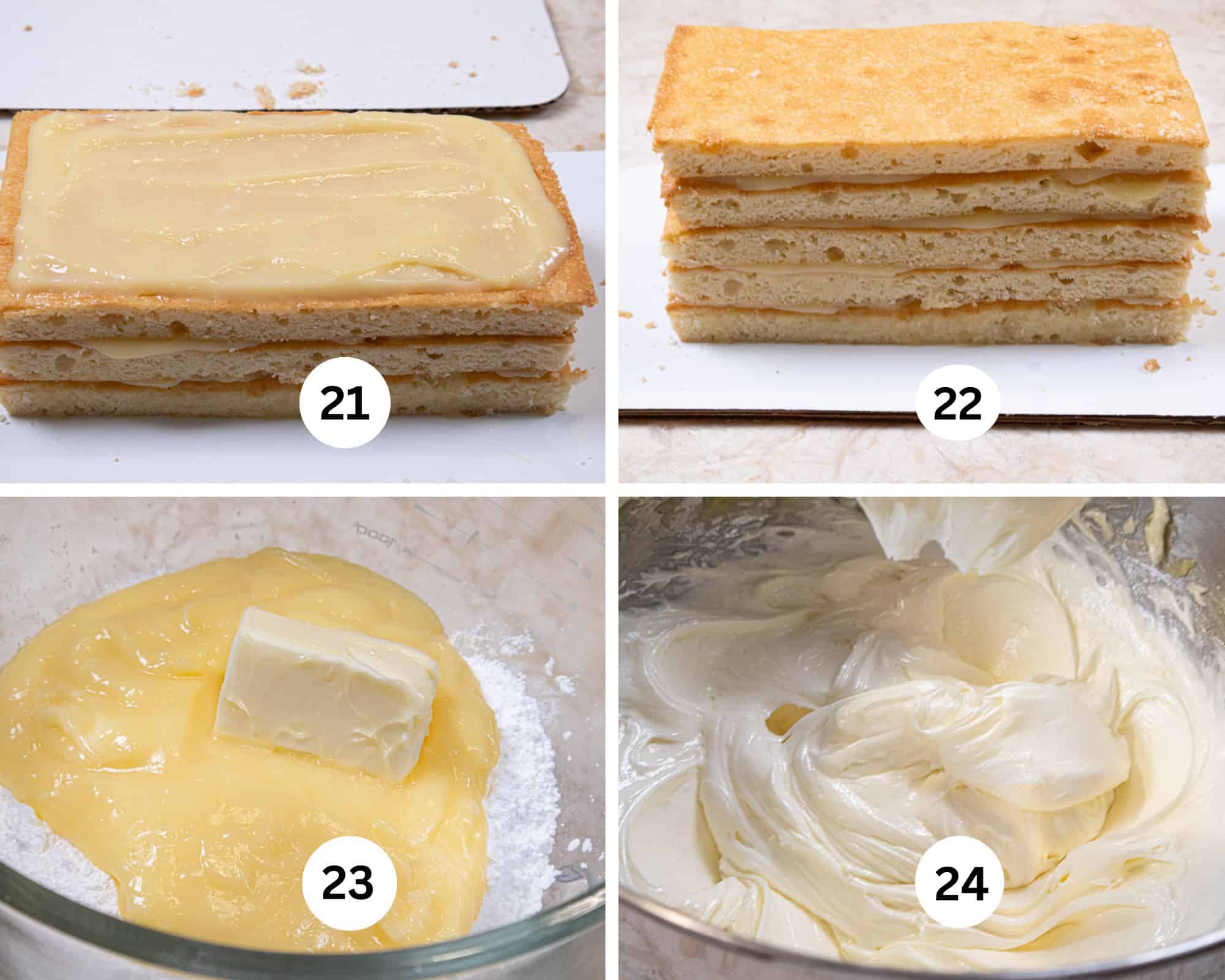 This collage shows the filling on a cake layer spread to within ¼" of the edges, the top layer being added, the ingredients for the frosting in a mixing bowl, and mixed. 