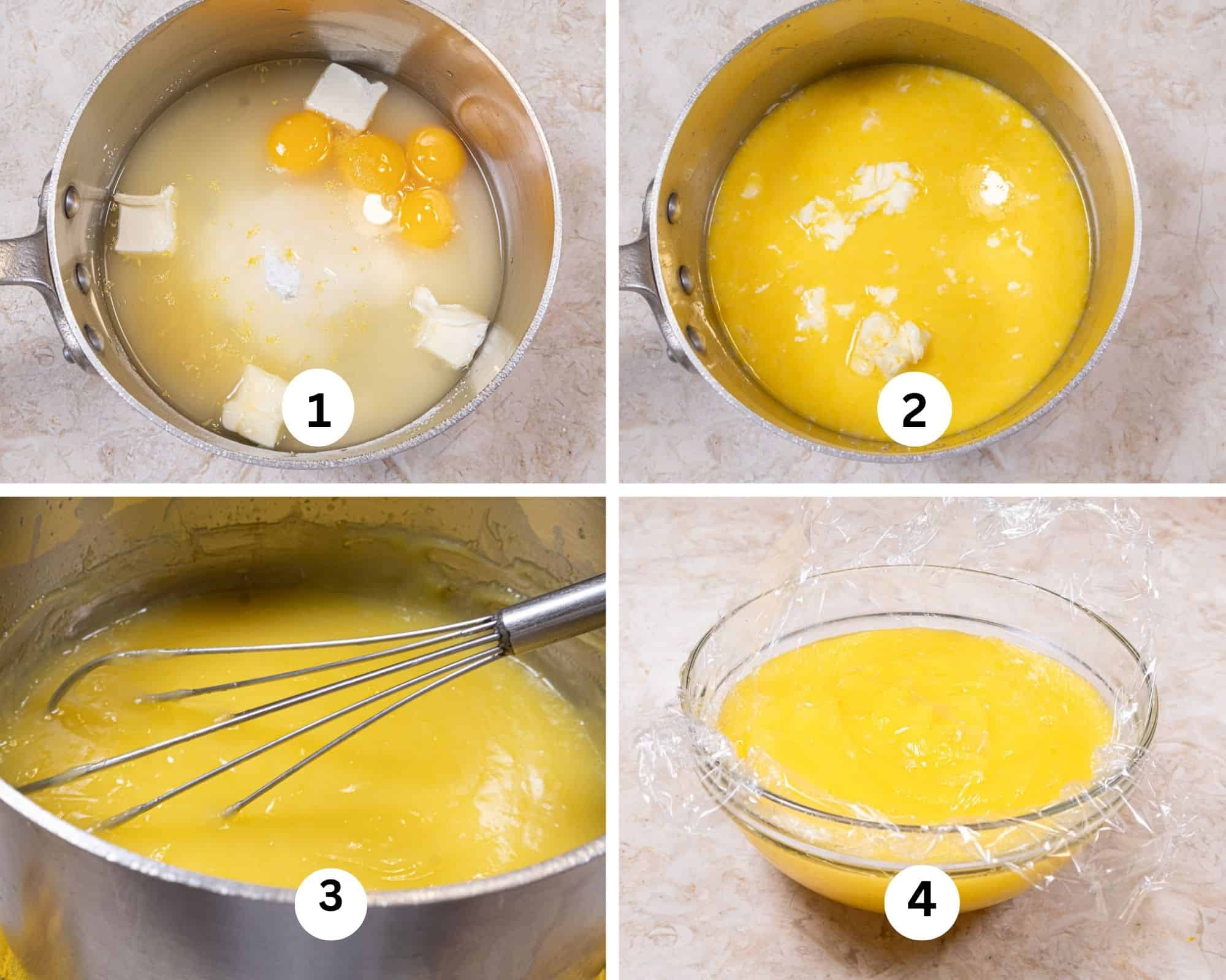 The collage for the lemon filling for the Lemon Layer Cake shows all of the ingredients in a saucee pan, whisked together, finished cooking and covered with plastic wrap in a bowl, 