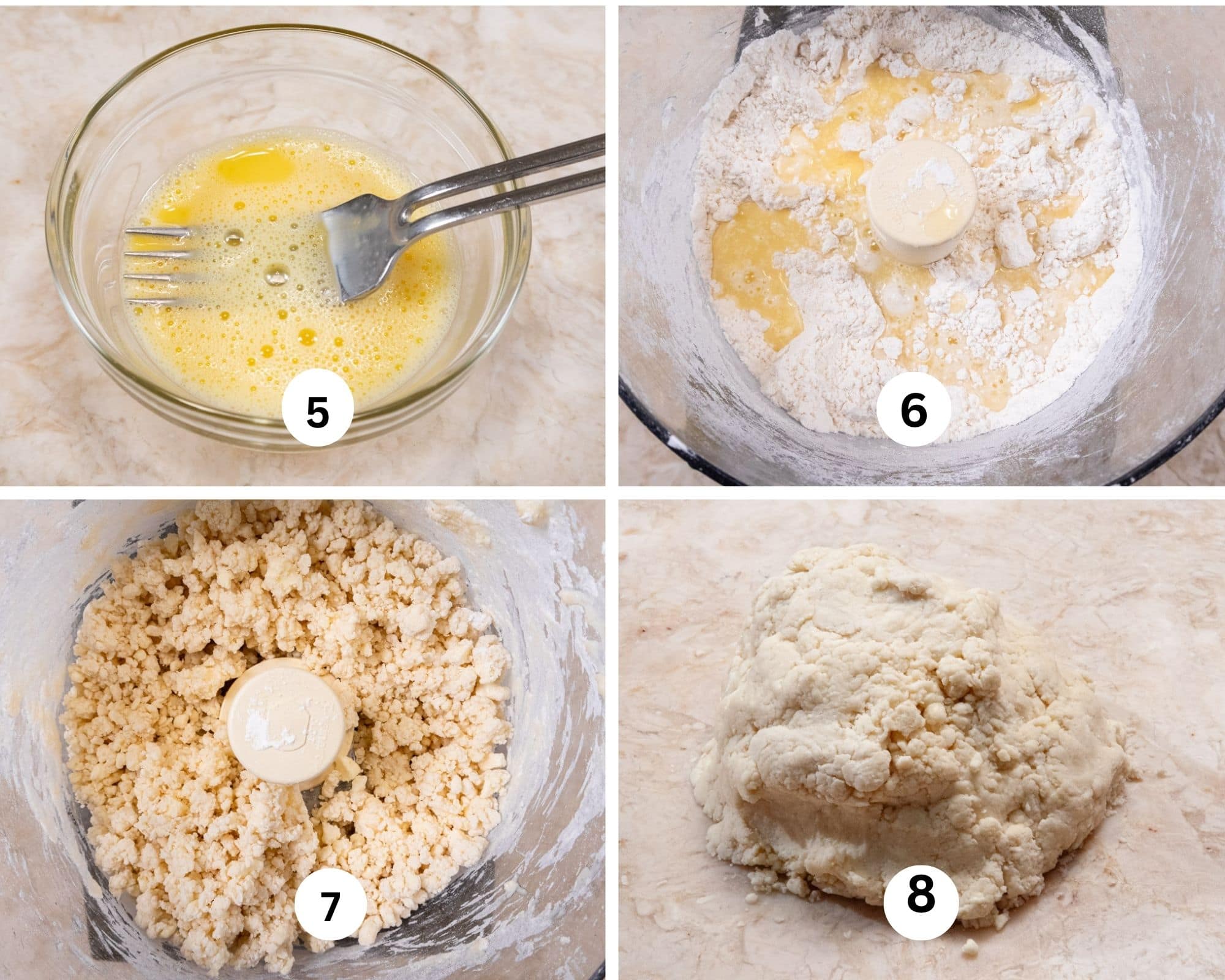 This collages shows the egg being beaten, added to the processor, the crust processed and poured out of the processor and pushed together.
