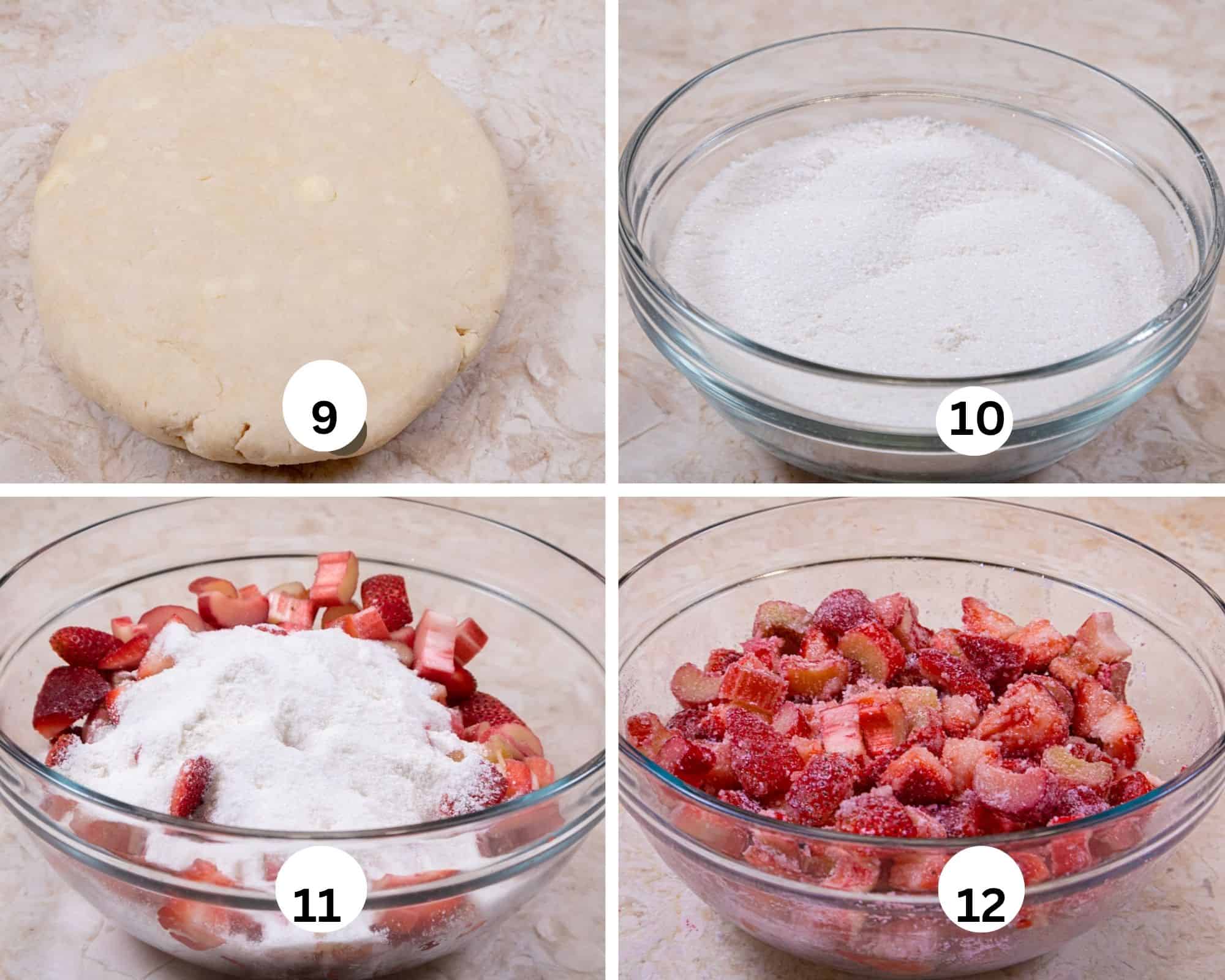 The dough is rolled out, draped in a pie plate, filled with the strawberries and rhubarb and the first fold is made with the overhang.