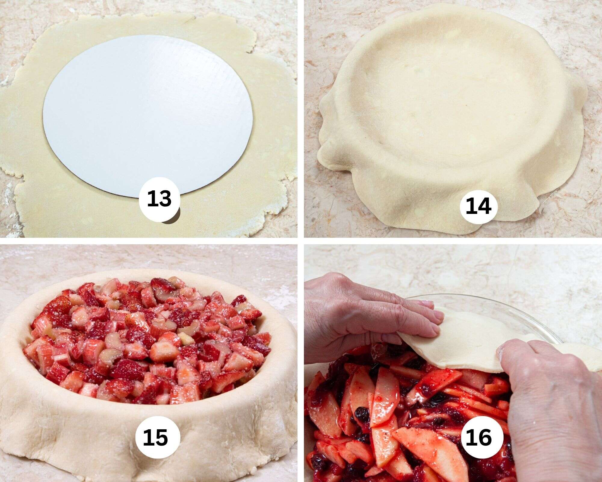 The crust is rolled out and, plate, the filling is added and the dough is brought up over the filling.