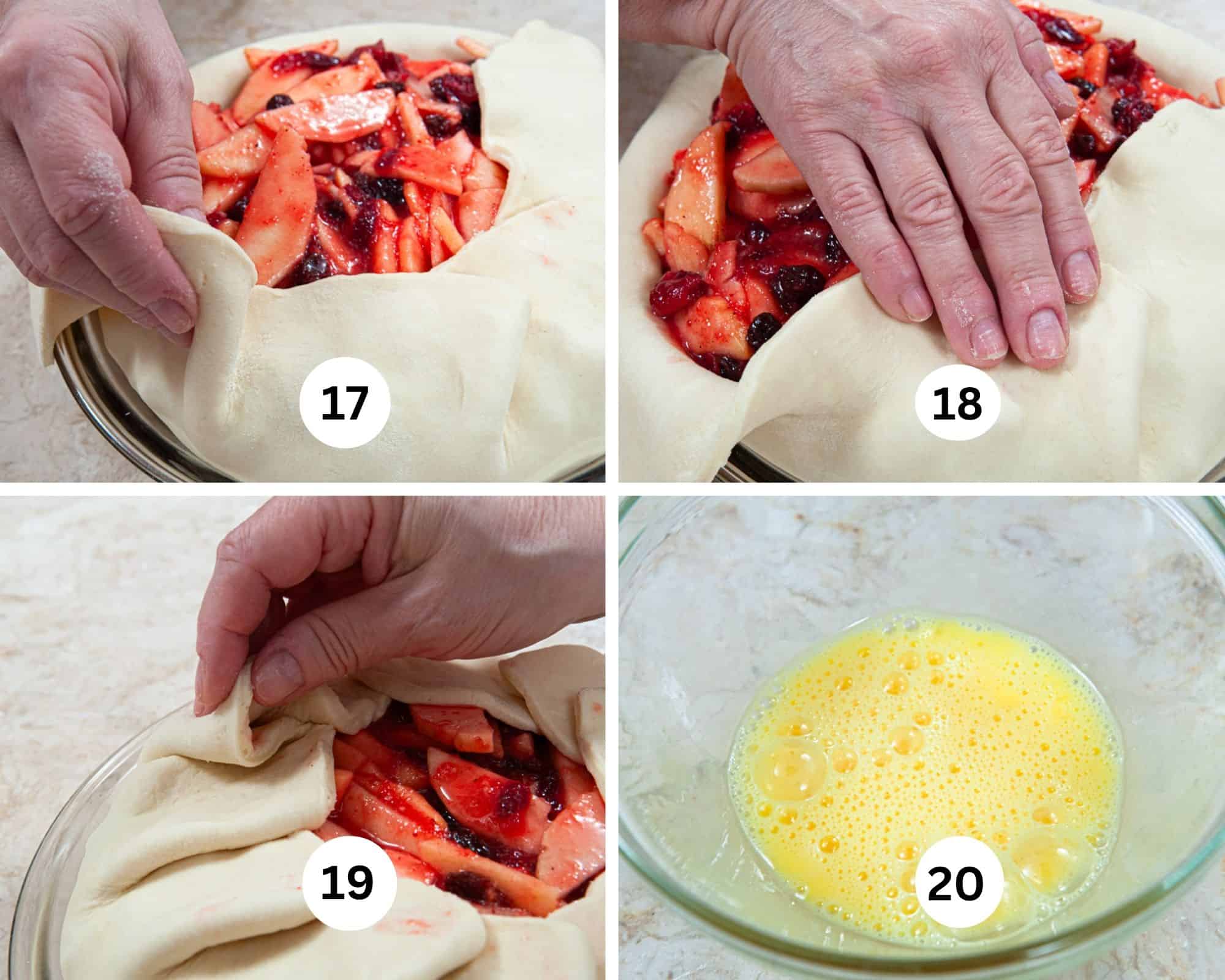 This collage shows the pleating of the crust continuing and the egg wash made for the finish.