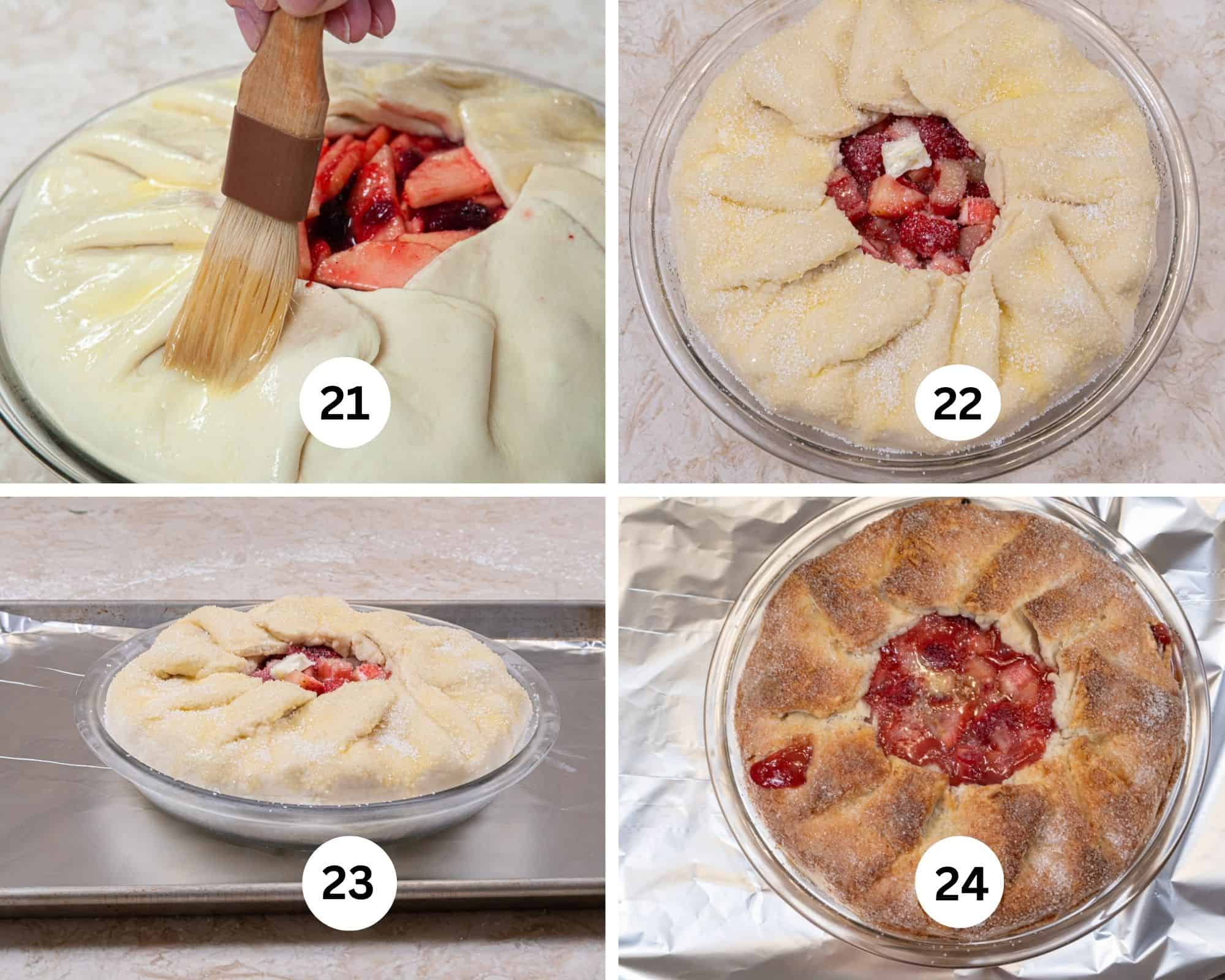 The final collage shows the galette being brushed with the egg, the sanding sugar sprinkled on, the galette place on a foil lined rimmed sheet pan and baked.